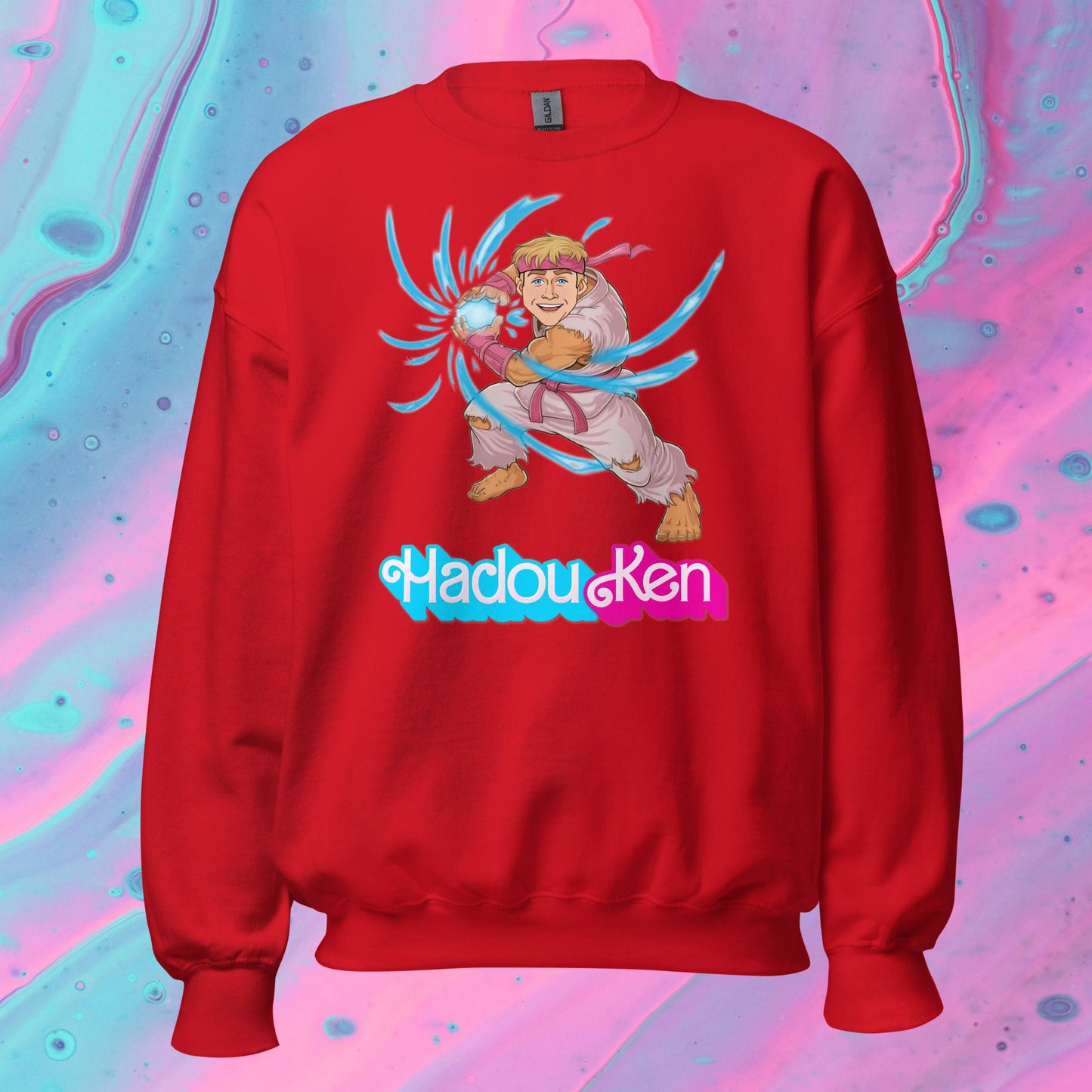 Hadouken Ken Barbie Ryan Gosling Street Fighter Funny Unisex Sweatshirt Red Sweatshirts Barbie Ken Movies Ryan Gosling Street Fighter Video Games Next Cult Brand