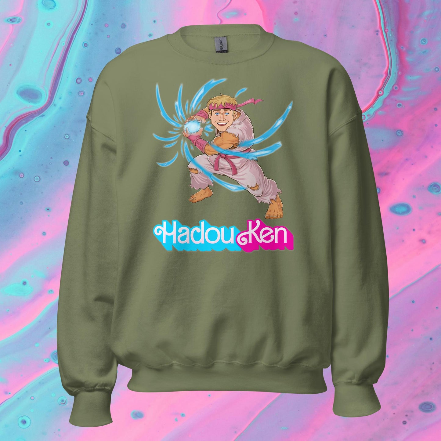 Hadouken Ken Barbie Ryan Gosling Street Fighter Funny Unisex Sweatshirt Military Green Sweatshirts Barbie Ken Movies Ryan Gosling Street Fighter Video Games Next Cult Brand