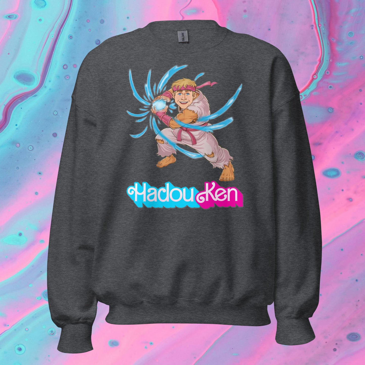 Hadouken Ken Barbie Ryan Gosling Street Fighter Funny Unisex Sweatshirt Dark Heather Sweatshirts Barbie Ken Movies Ryan Gosling Street Fighter Video Games Next Cult Brand