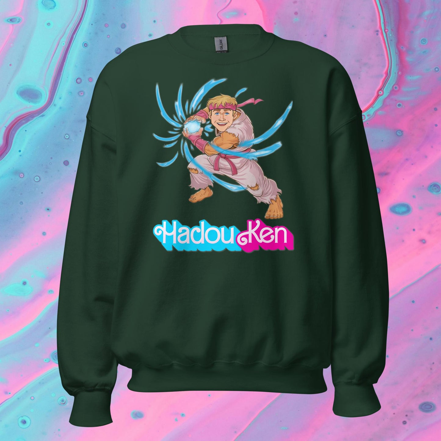 Hadouken Ken Barbie Ryan Gosling Street Fighter Funny Unisex Sweatshirt Forest Green Sweatshirts Barbie Ken Movies Ryan Gosling Street Fighter Video Games Next Cult Brand