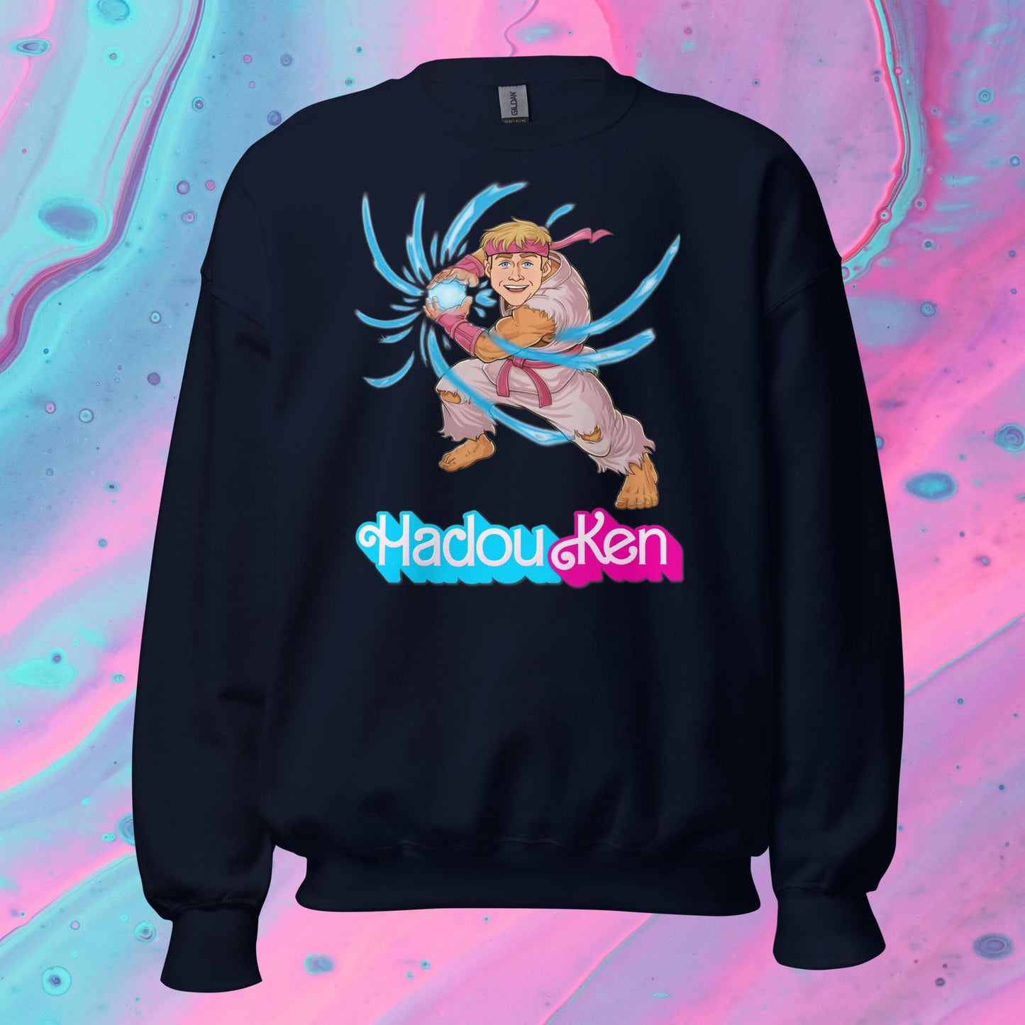 Hadouken Ken Barbie Ryan Gosling Street Fighter Funny Unisex Sweatshirt Navy Sweatshirts Barbie Ken Movies Ryan Gosling Street Fighter Video Games Next Cult Brand