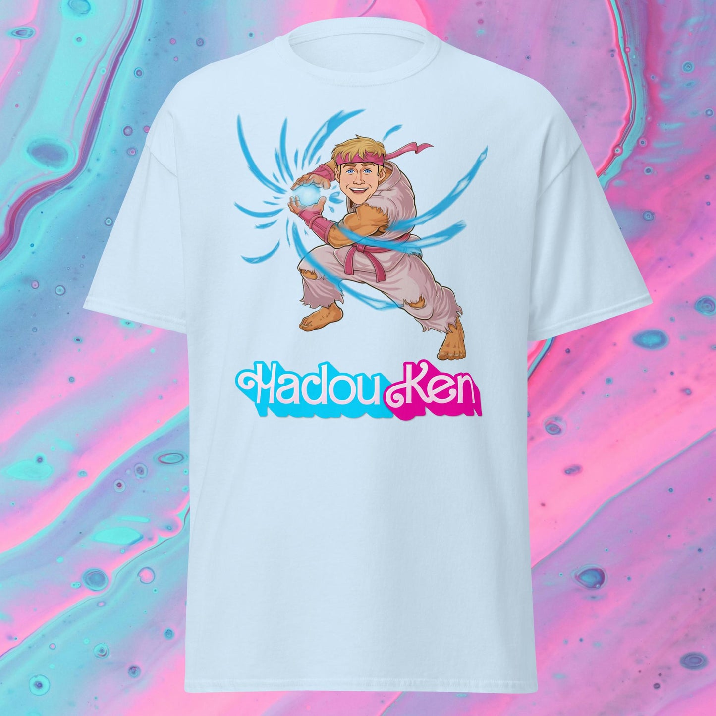 Hadouken Ken Barbie Ryan Gosling Street Fighter Funny Unisex tee Light Blue T-shirts Barbie Ken Movies Ryan Gosling Street Fighter Video Games Next Cult Brand