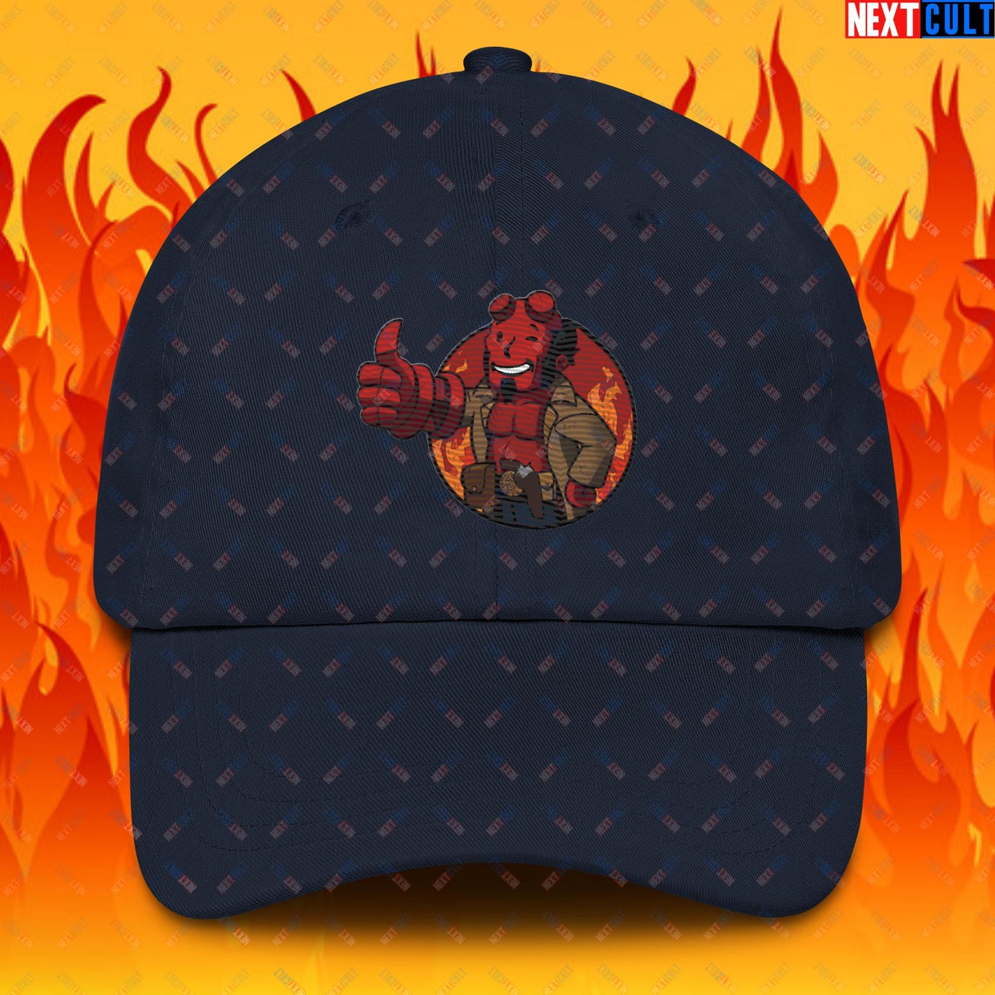 Hellboy Vault Boy Fallout Funny Cartoon Mashup Dad hat Navy Hats Fallout Hellboy Movies Vault Boy Next Cult Brand