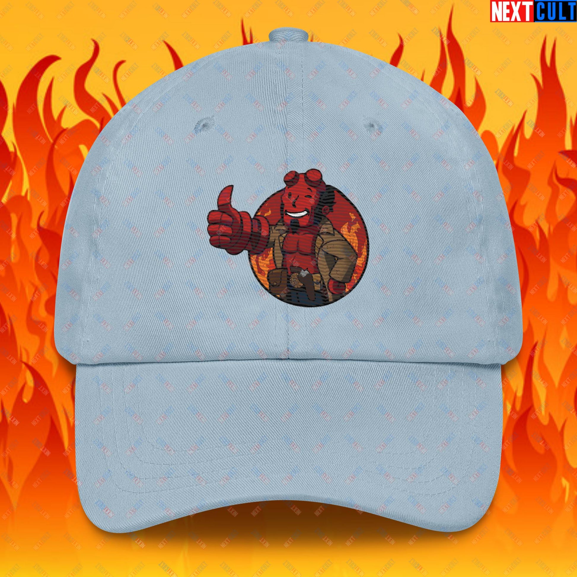 Hellboy Vault Boy Fallout Funny Cartoon Mashup Dad hat Light Blue Hats Fallout Hellboy Movies Vault Boy Next Cult Brand