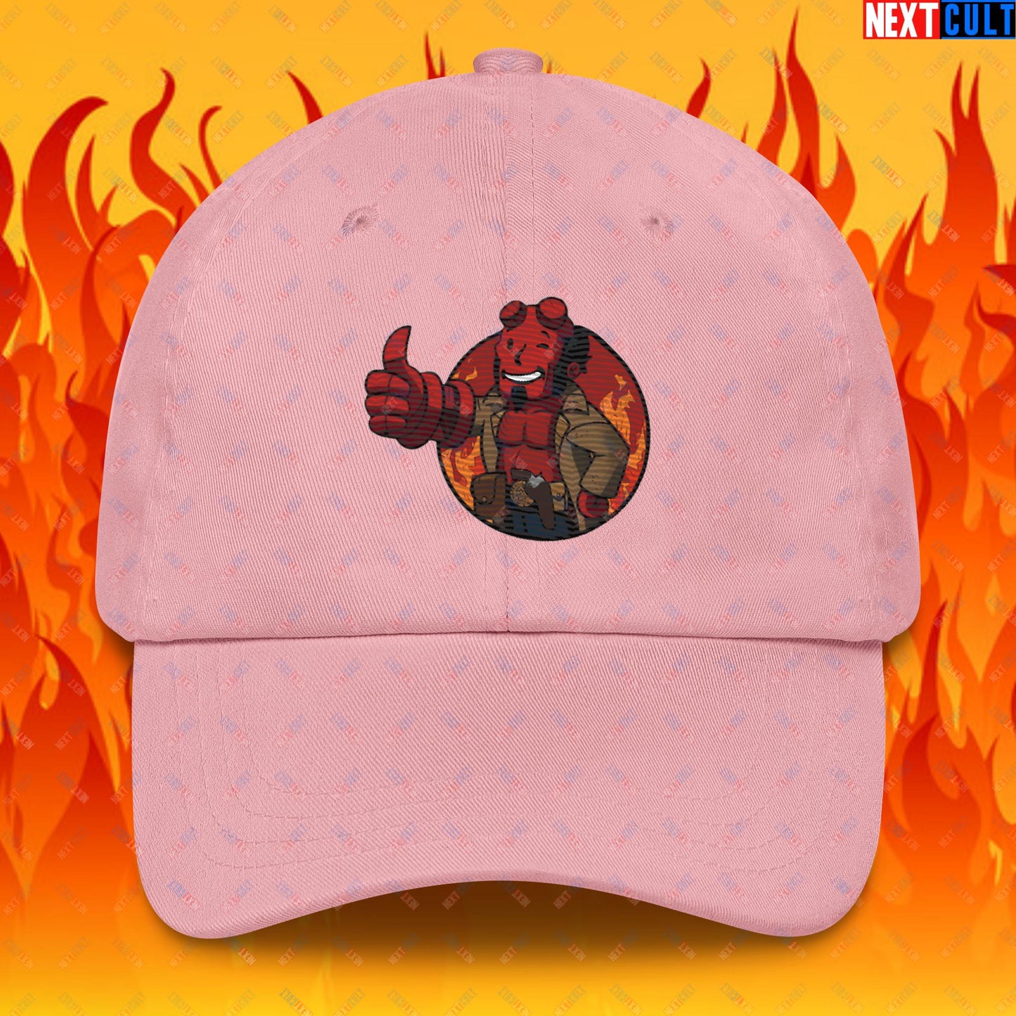 Hellboy Vault Boy Fallout Funny Cartoon Mashup Dad hat Pink Hats Fallout Hellboy Movies Vault Boy Next Cult Brand