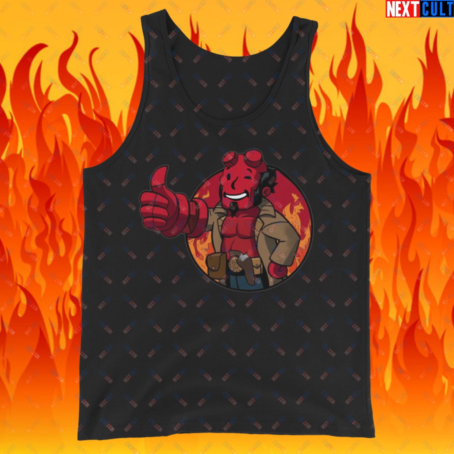 Hellboy Vault Boy Fallout Funny Cartoon Mashup Tank Top Black Tank Tops Fallout Hellboy Movies Vault Boy Next Cult Brand