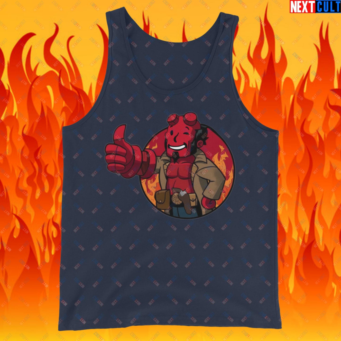 Hellboy Vault Boy Fallout Funny Cartoon Mashup Tank Top Navy Tank Tops Fallout Hellboy Movies Vault Boy Next Cult Brand