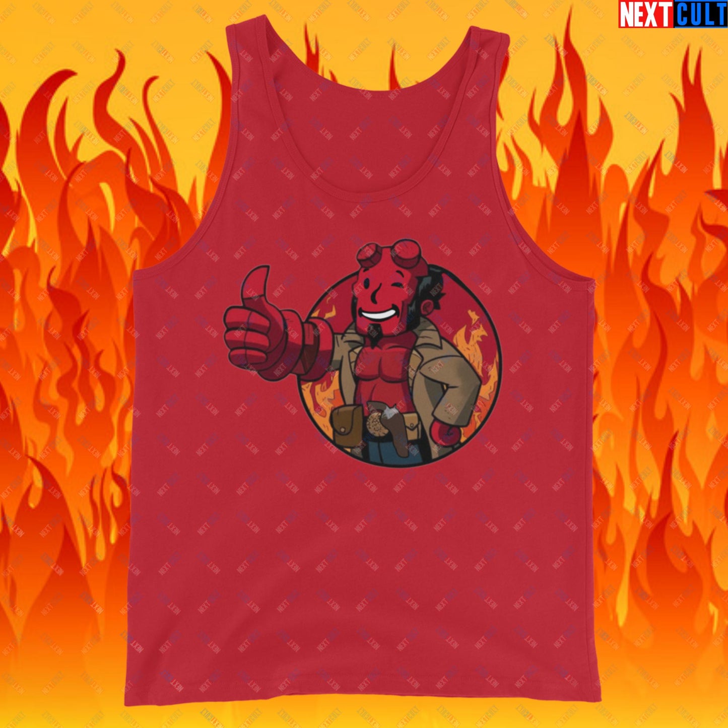 Hellboy Vault Boy Fallout Funny Cartoon Mashup Tank Top Red Tank Tops Fallout Hellboy Movies Vault Boy Next Cult Brand