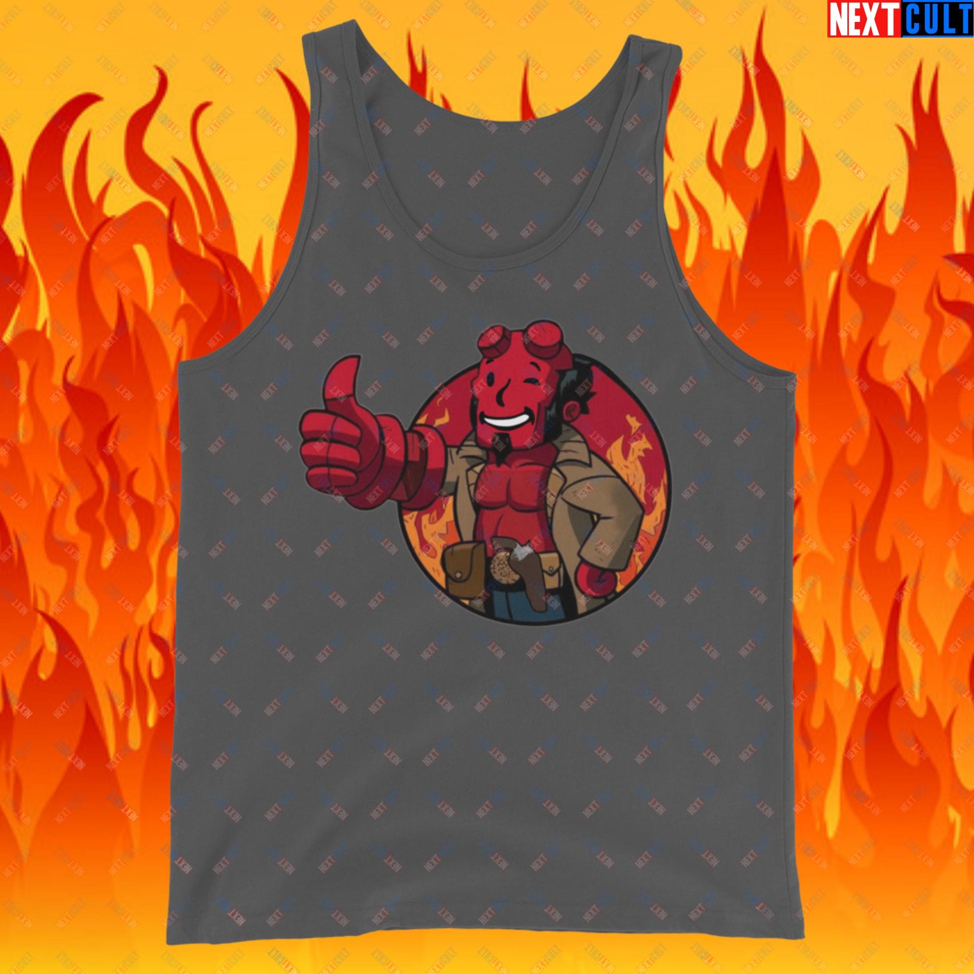 Hellboy Vault Boy Fallout Funny Cartoon Mashup Tank Top Asphalt Tank Tops Fallout Hellboy Movies Vault Boy Next Cult Brand