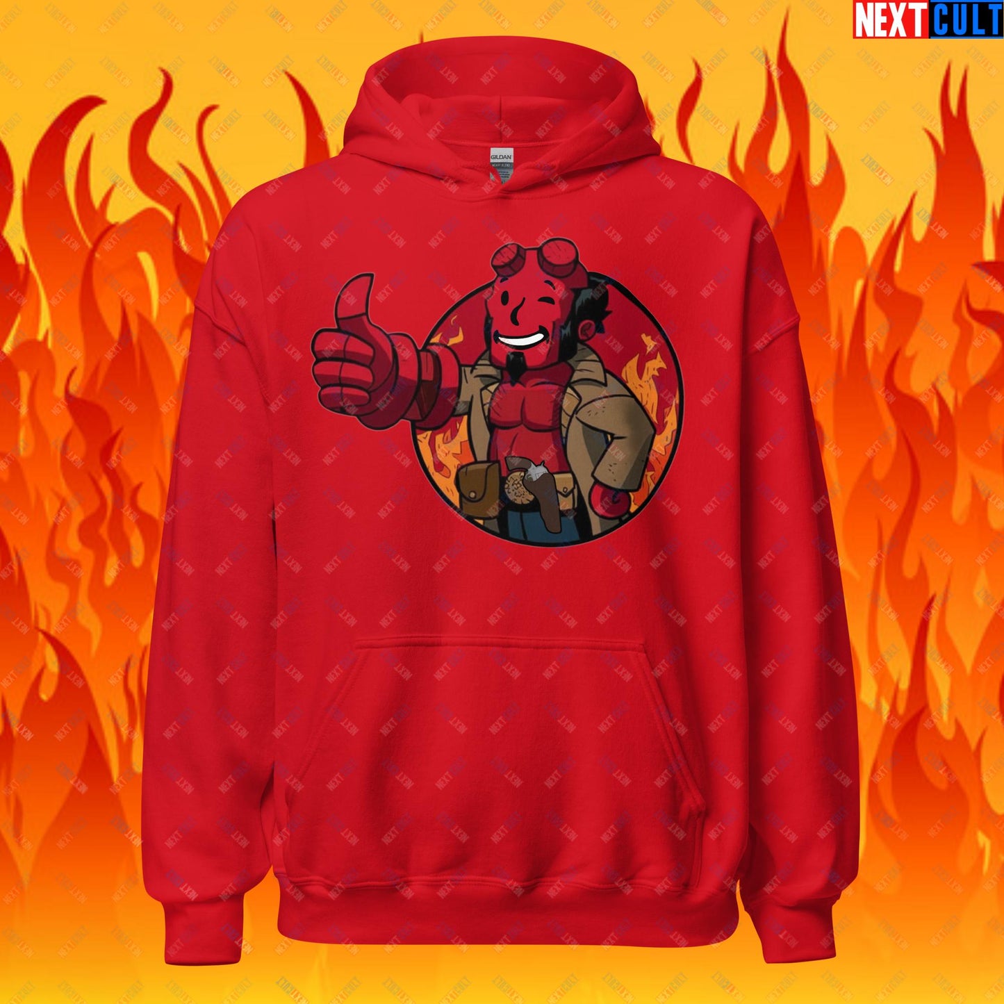 Hellboy Vault Boy Fallout Funny Cartoon Mashup Unisex Hoodie Red Hoodies Fallout Hellboy Movies Vault Boy Next Cult Brand