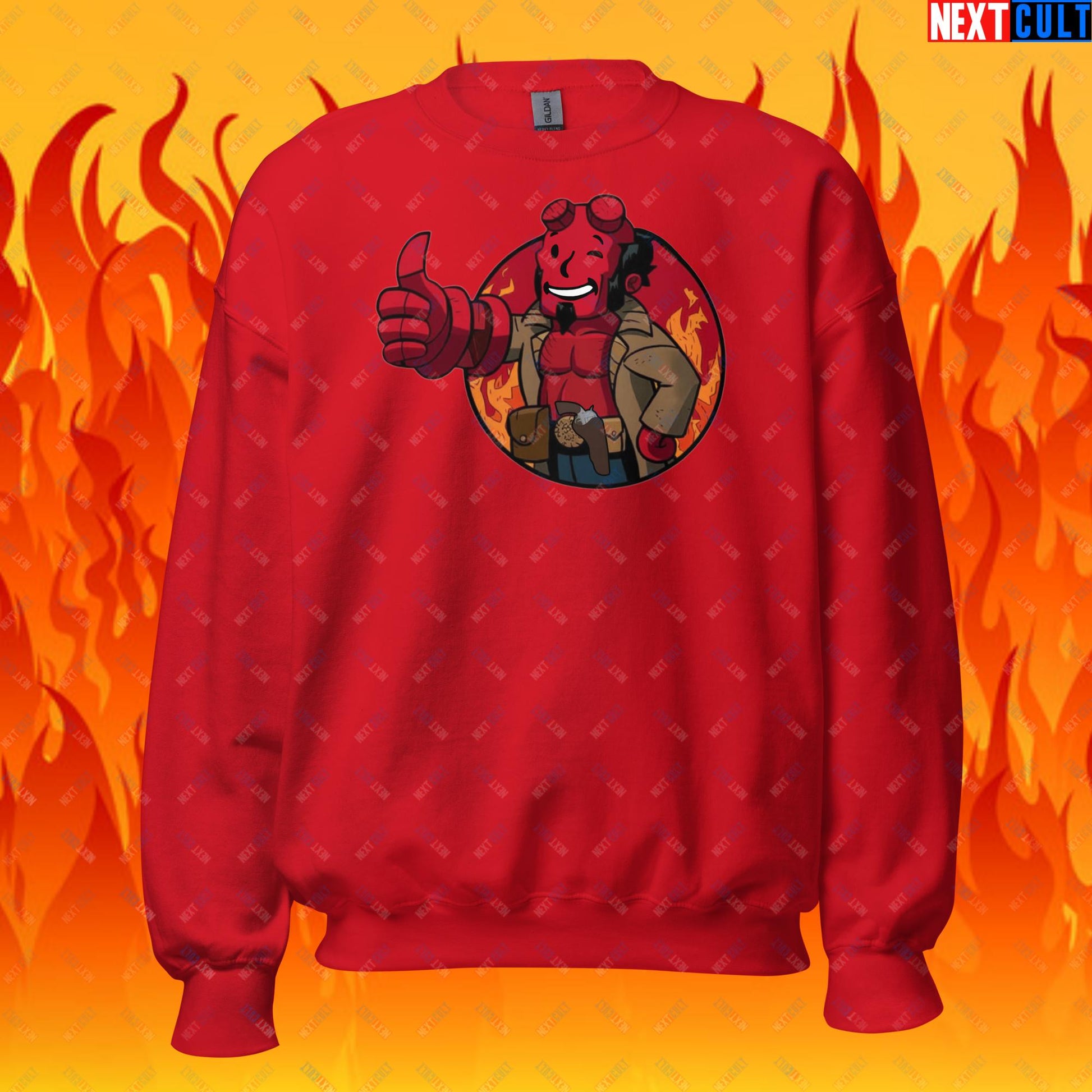 Hellboy Vault Boy Fallout Funny Cartoon Mashup Unisex Sweatshirt Red Sweatshirts Fallout Hellboy Movies Vault Boy Next Cult Brand