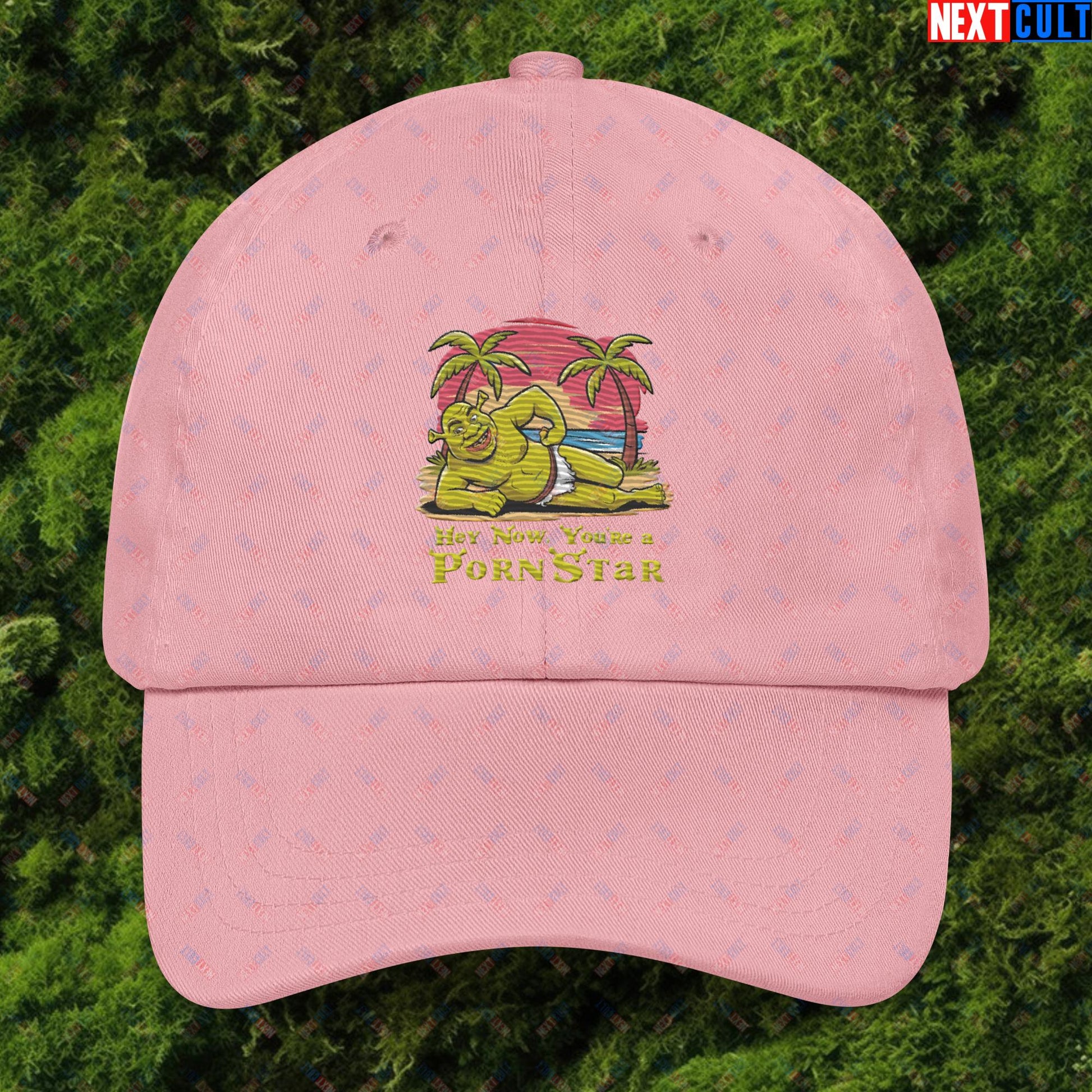 Hey Now, You're a Pornstar Shrek Smash Mouth Funny Meme Cartoon Dad hat Pink Hats Movies Shrek Next Cult Brand