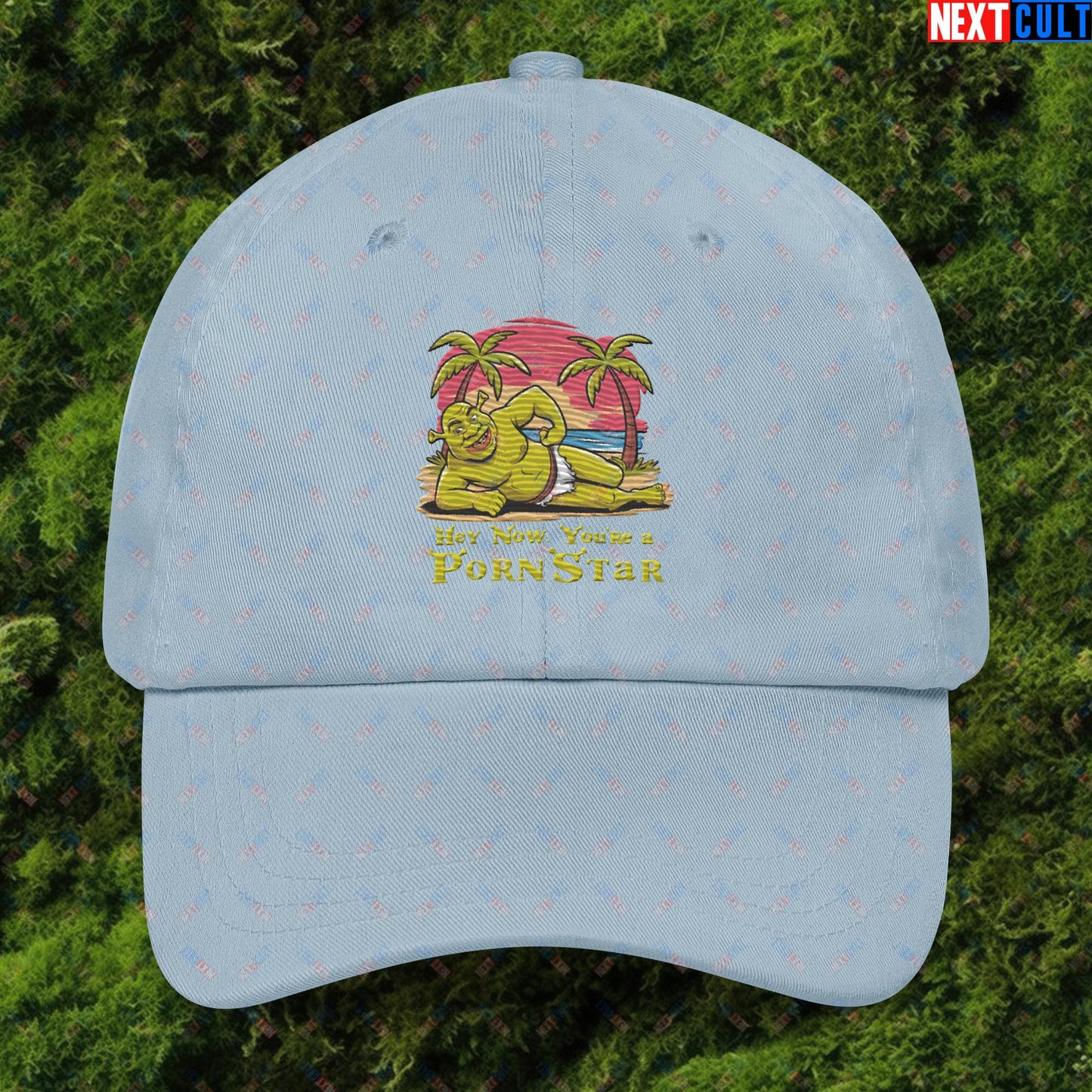 Hey Now, You're a Pornstar Shrek Smash Mouth Funny Meme Cartoon Dad hat Light Blue Hats Movies Shrek Next Cult Brand