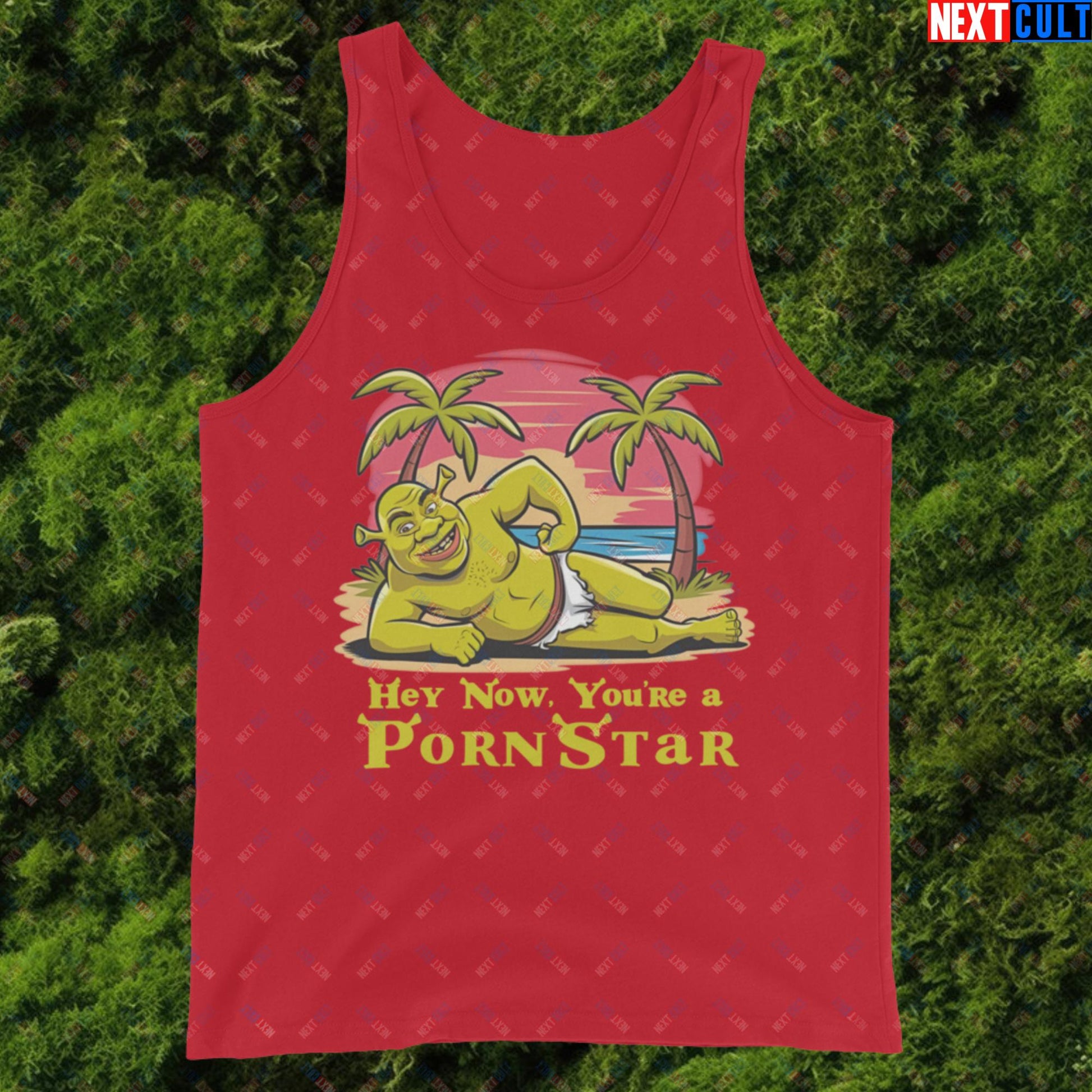 Hey Now, You're a Pornstar Shrek Smash Mouth Funny Meme Cartoon Tank Top Red Tank Tops Movies Shrek Next Cult Brand