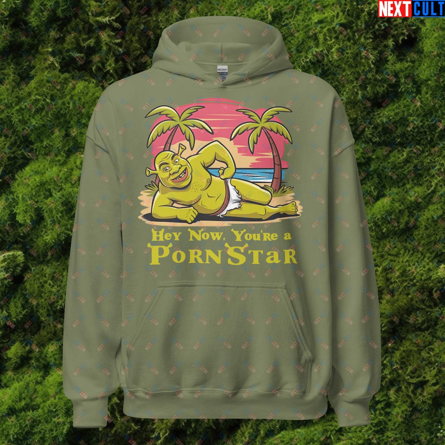 Hey Now, You're a Pornstar Shrek Smash Mouth Funny Meme Cartoon Unisex Hoodie Military Green Hoodies Movies Shrek Next Cult Brand