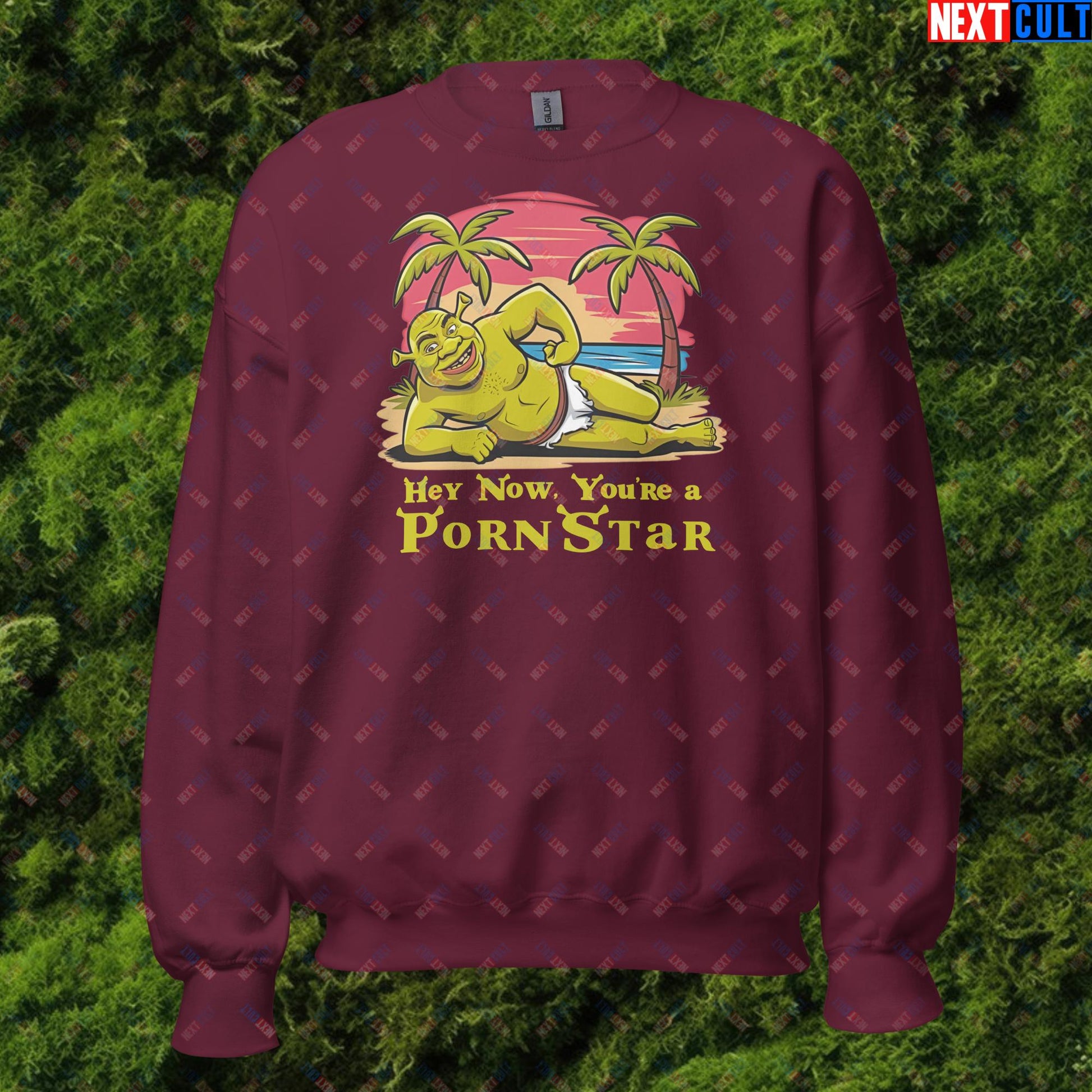 Hey Now, You're a Pornstar Shrek Smash Mouth Funny Meme Cartoon Unisex Sweatshirt Maroon Sweatshirts Movies Shrek Next Cult Brand