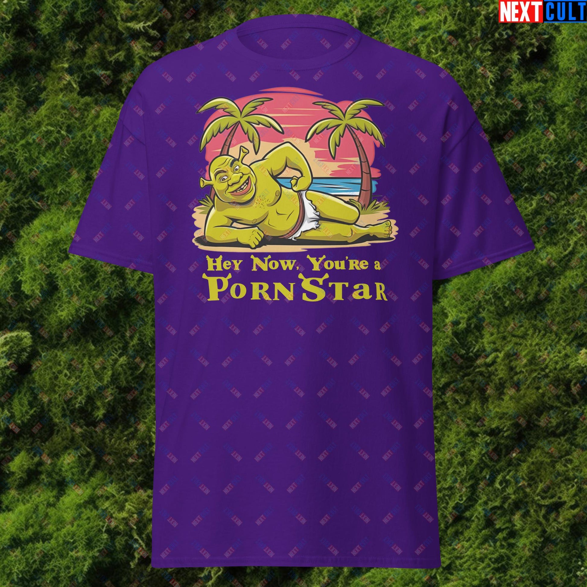 Hey Now, You're a Pornstar Shrek Smash Mouth Funny Meme Cartoon Unisex tee Purple T-shirts Movies Shrek Next Cult Brand