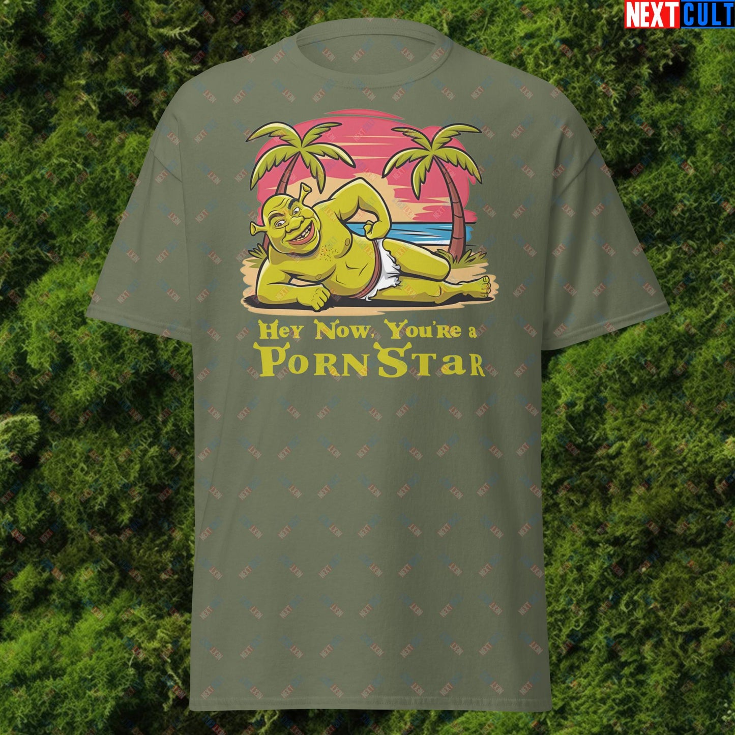 Hey Now, You're a Pornstar Shrek Smash Mouth Funny Meme Cartoon Unisex tee Military Green T-shirts Movies Shrek Next Cult Brand