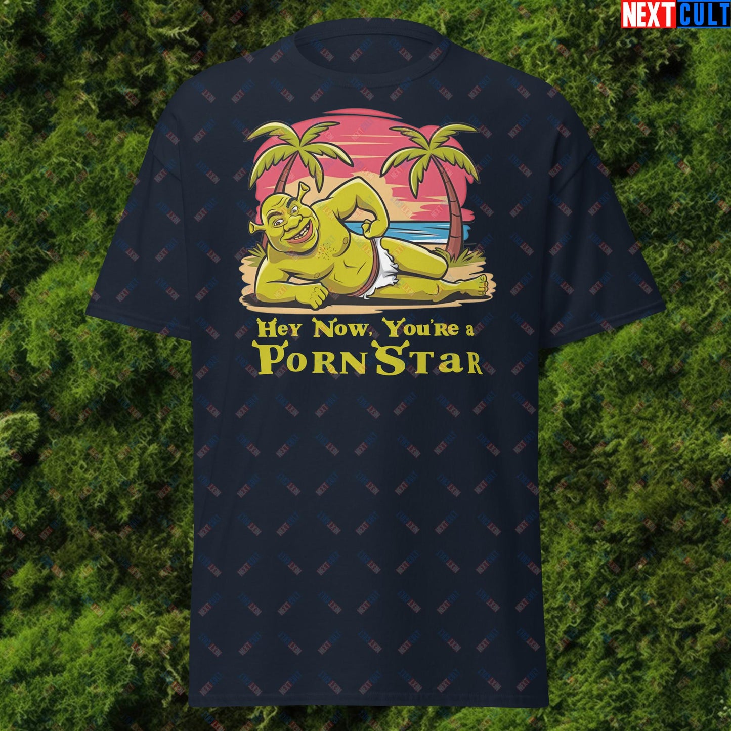 Hey Now, You're a Pornstar Shrek Smash Mouth Funny Meme Cartoon Unisex tee Navy T-shirts Movies Shrek Next Cult Brand