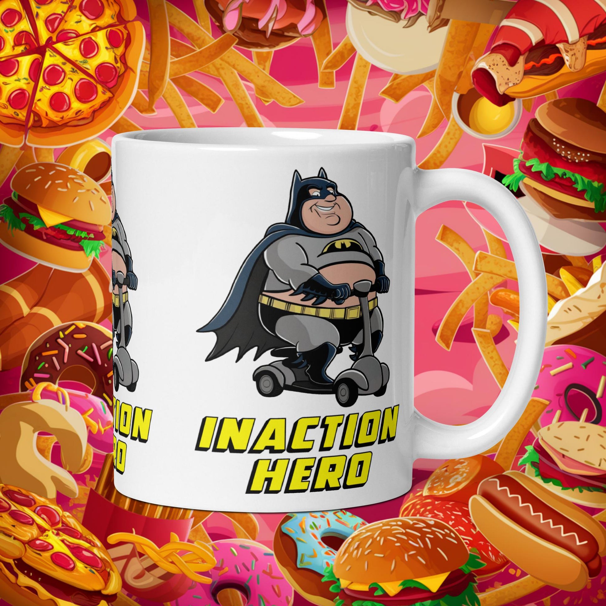 Inaction Hero Fatman Superhero White glossy mug Next Cult Brand
