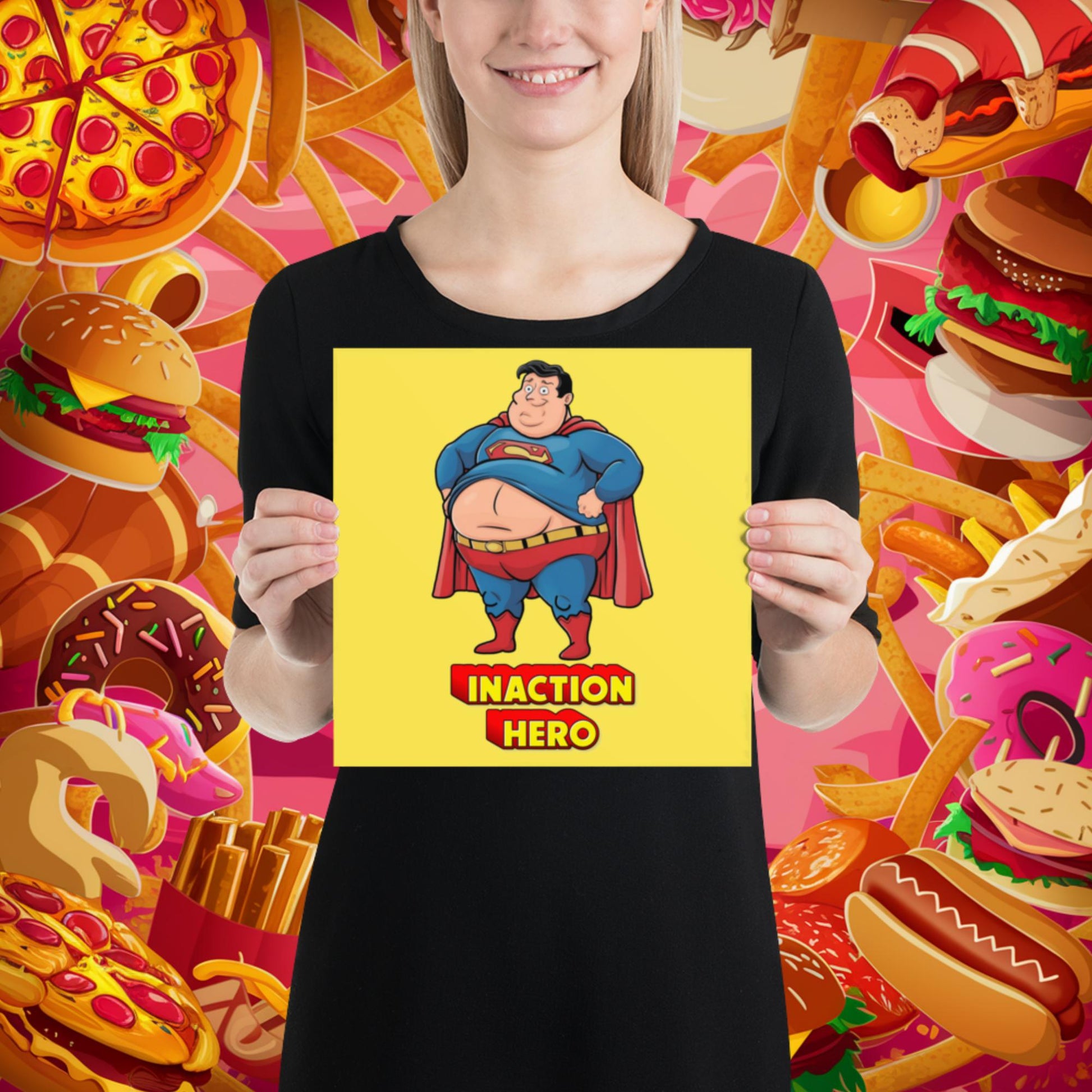 Inaction Hero Funny Fat Superhero Poster Next Cult Brand