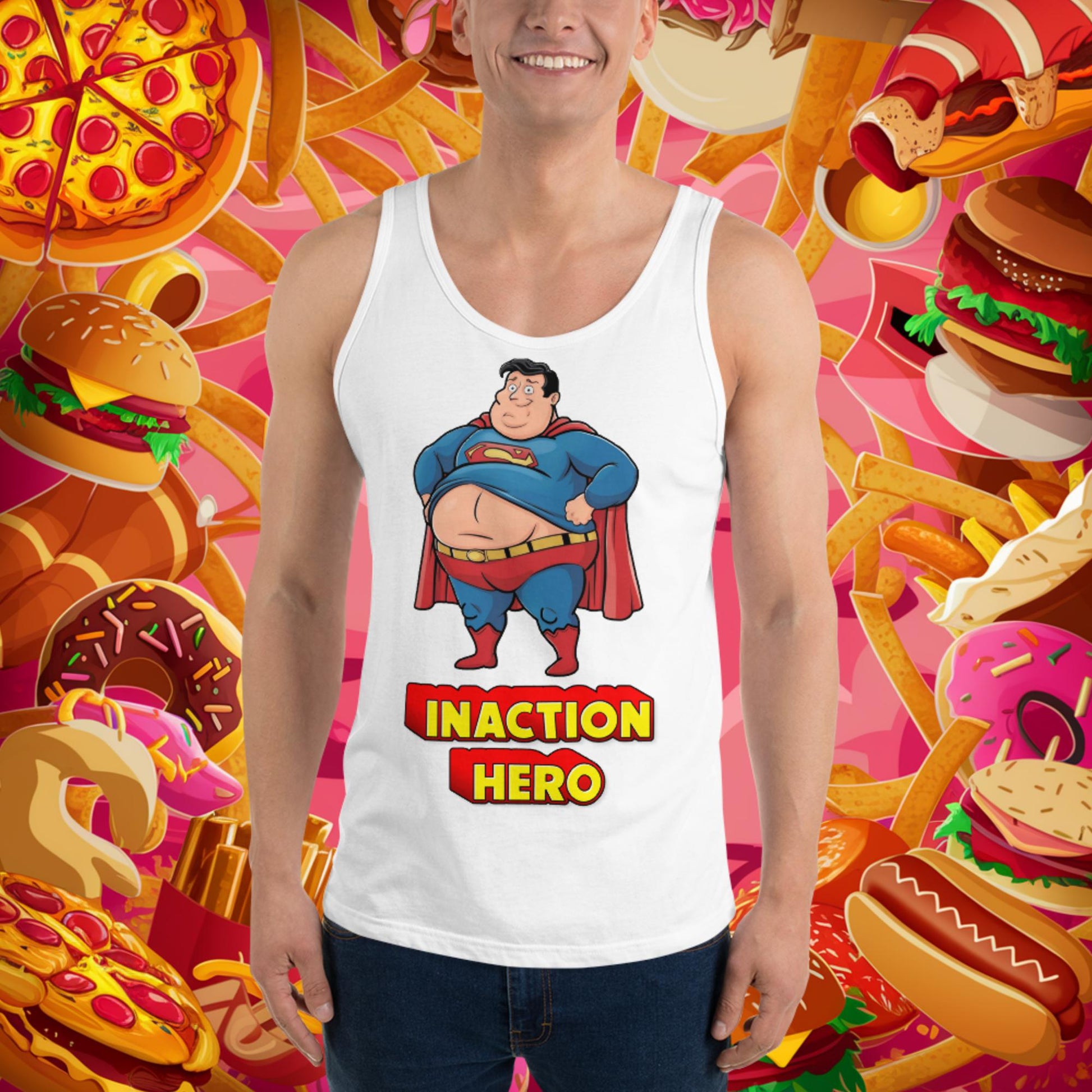 Inaction Hero Funny Fat Superhero Tank Top Next Cult Brand