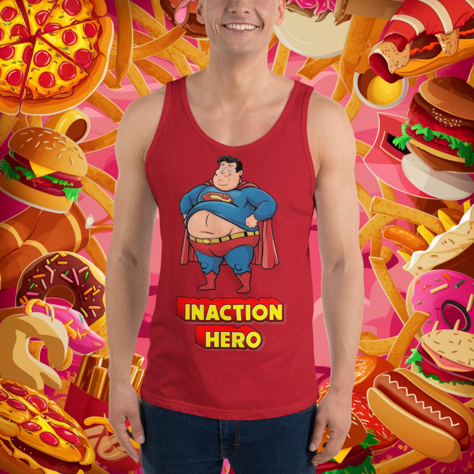 Inaction Hero Funny Fat Superhero Tank Top Next Cult Brand