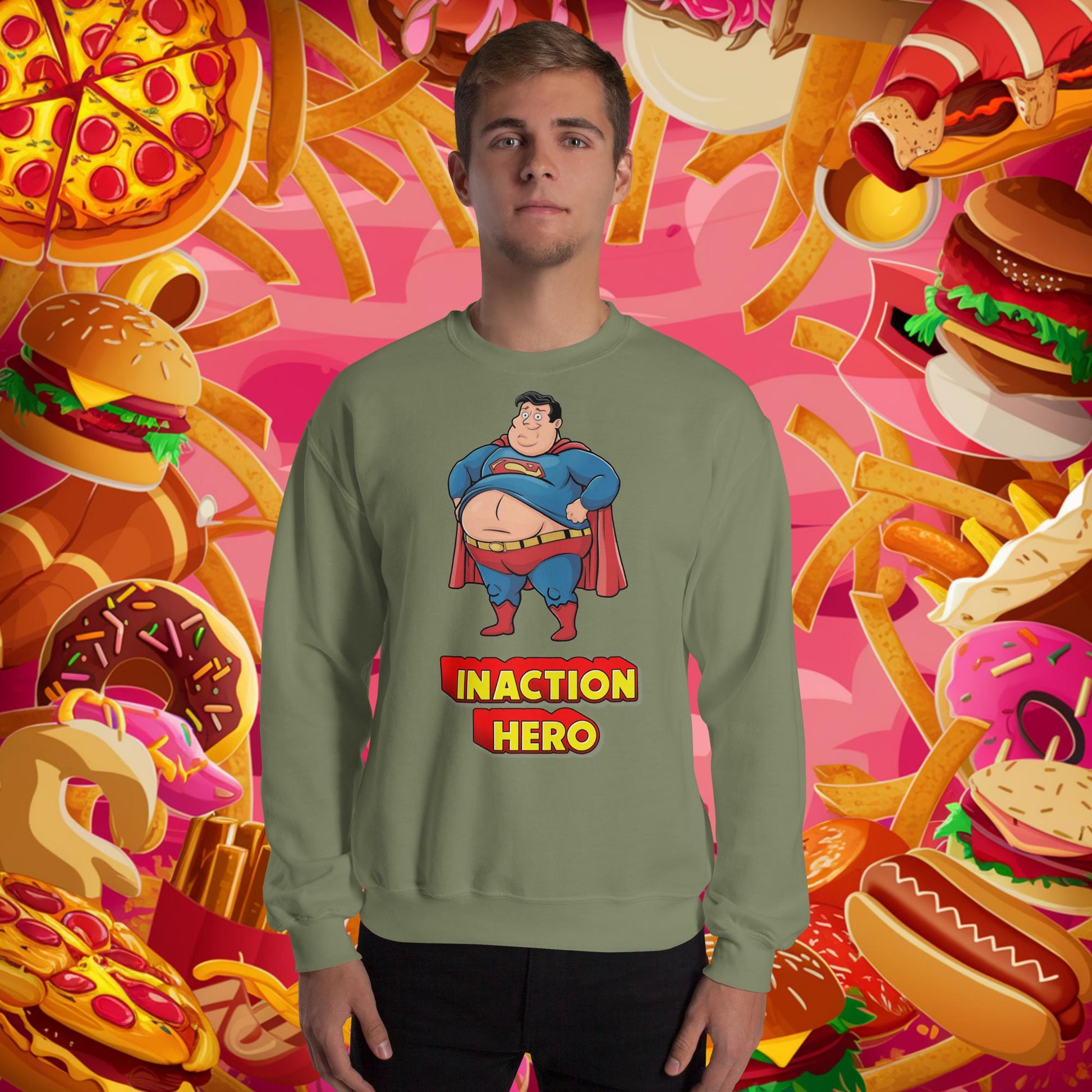 Inaction Hero Funny Fat Superhero Unisex Sweatshirt Next Cult Brand