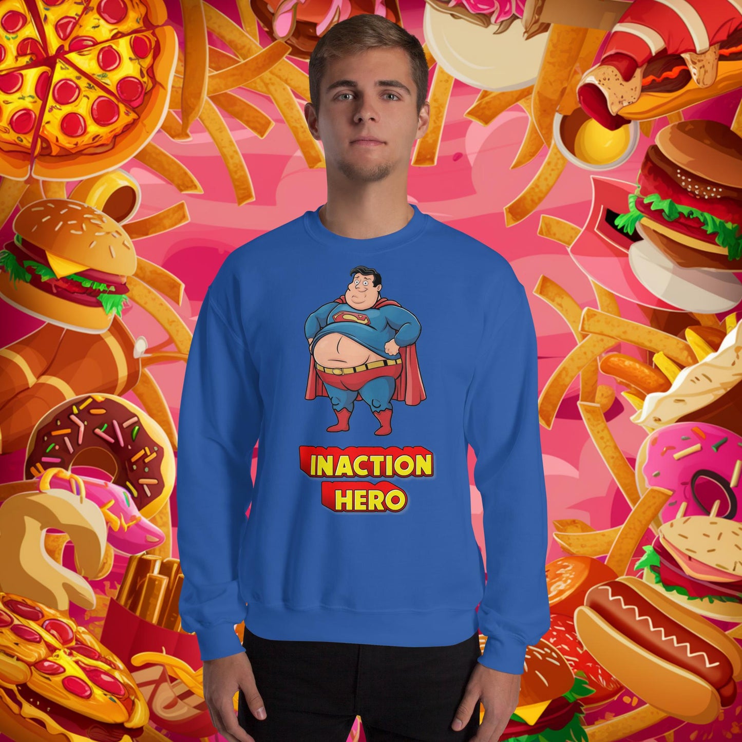 Inaction Hero Funny Fat Superhero Unisex Sweatshirt Next Cult Brand