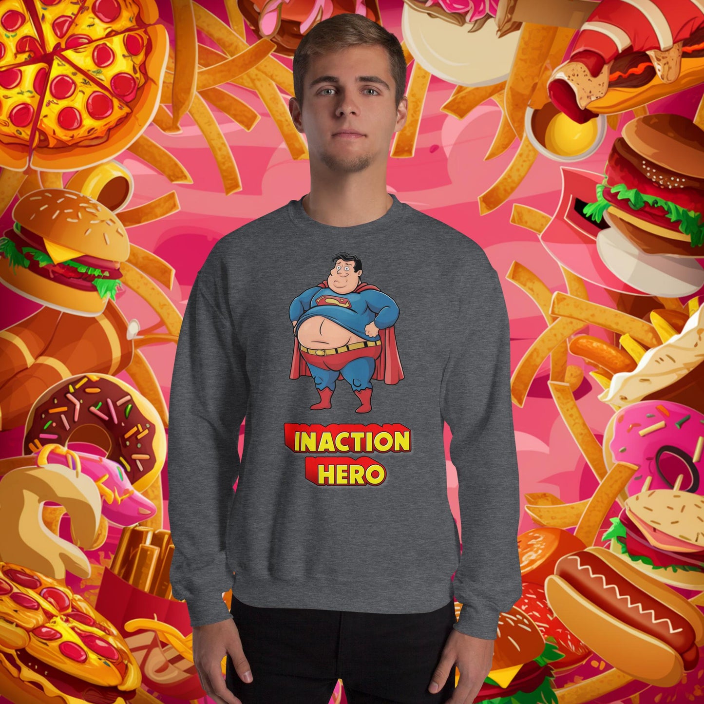 Inaction Hero Funny Fat Superhero Unisex Sweatshirt Next Cult Brand