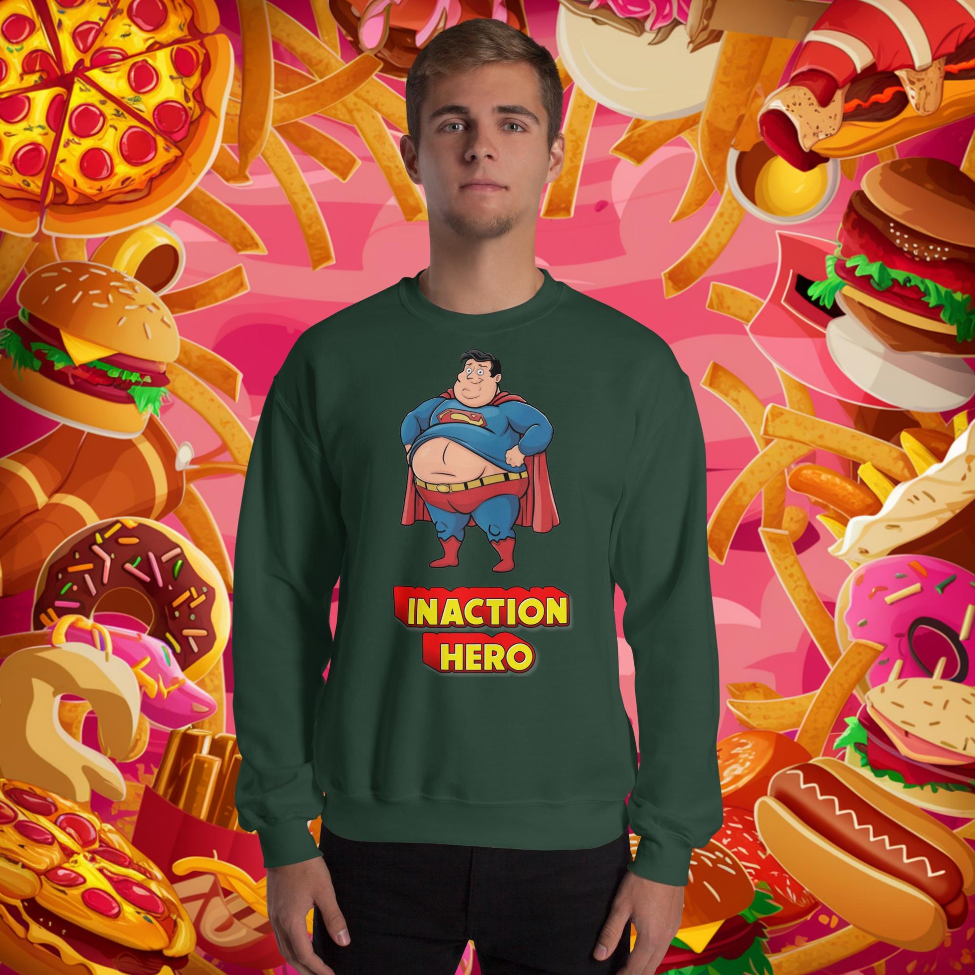 Inaction Hero Funny Fat Superhero Unisex Sweatshirt Next Cult Brand