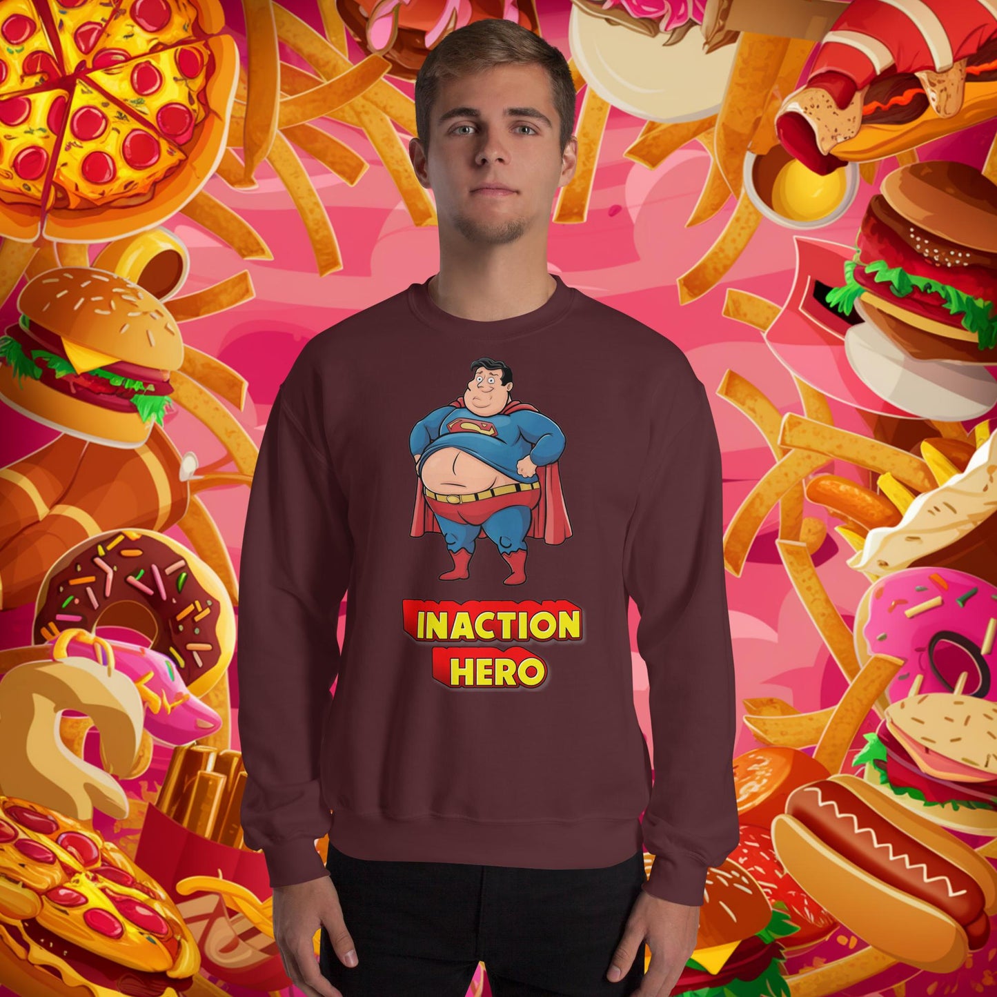 Inaction Hero Funny Fat Superhero Unisex Sweatshirt Next Cult Brand