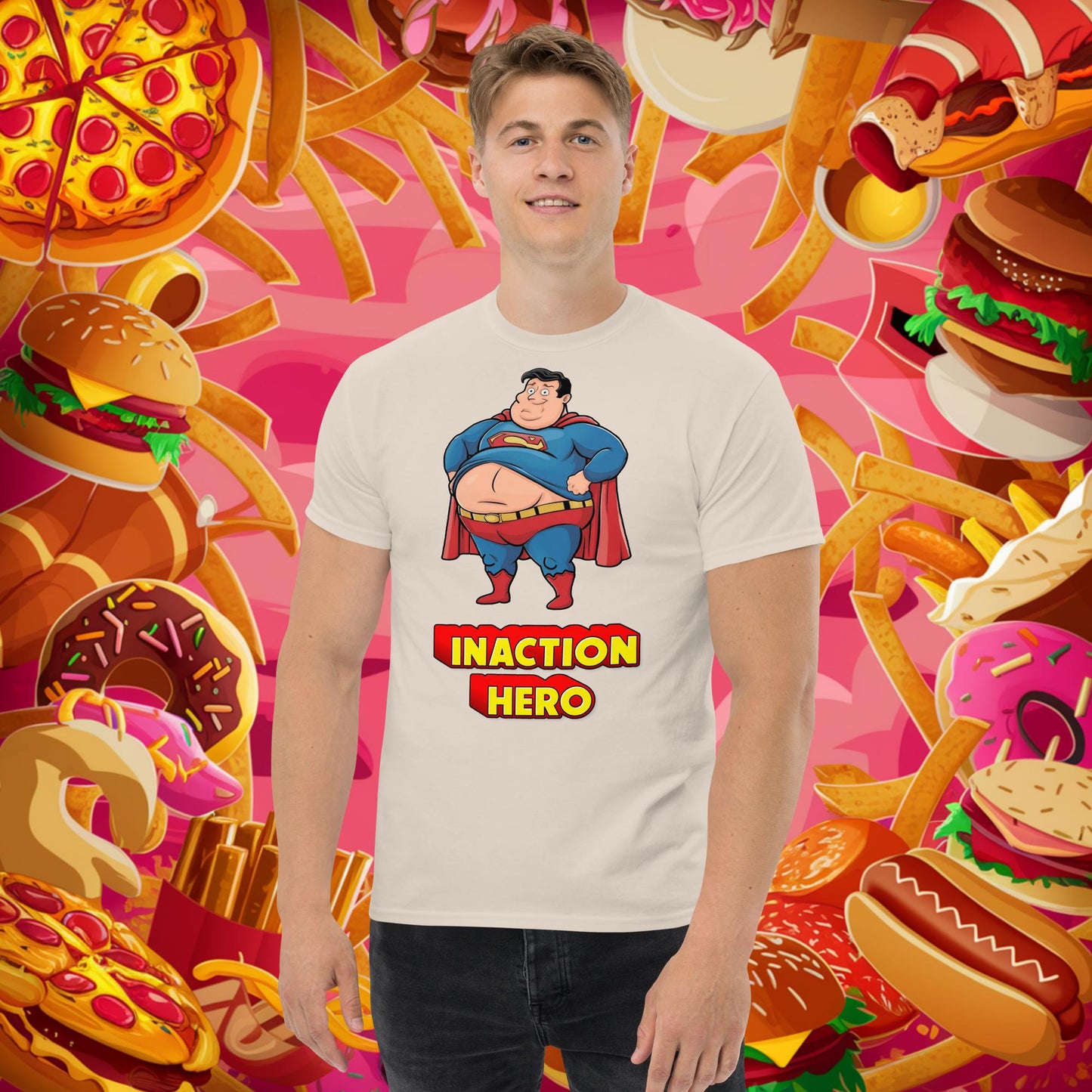 Inaction Hero Funny Fat Superhero Unisex tee Next Cult Brand