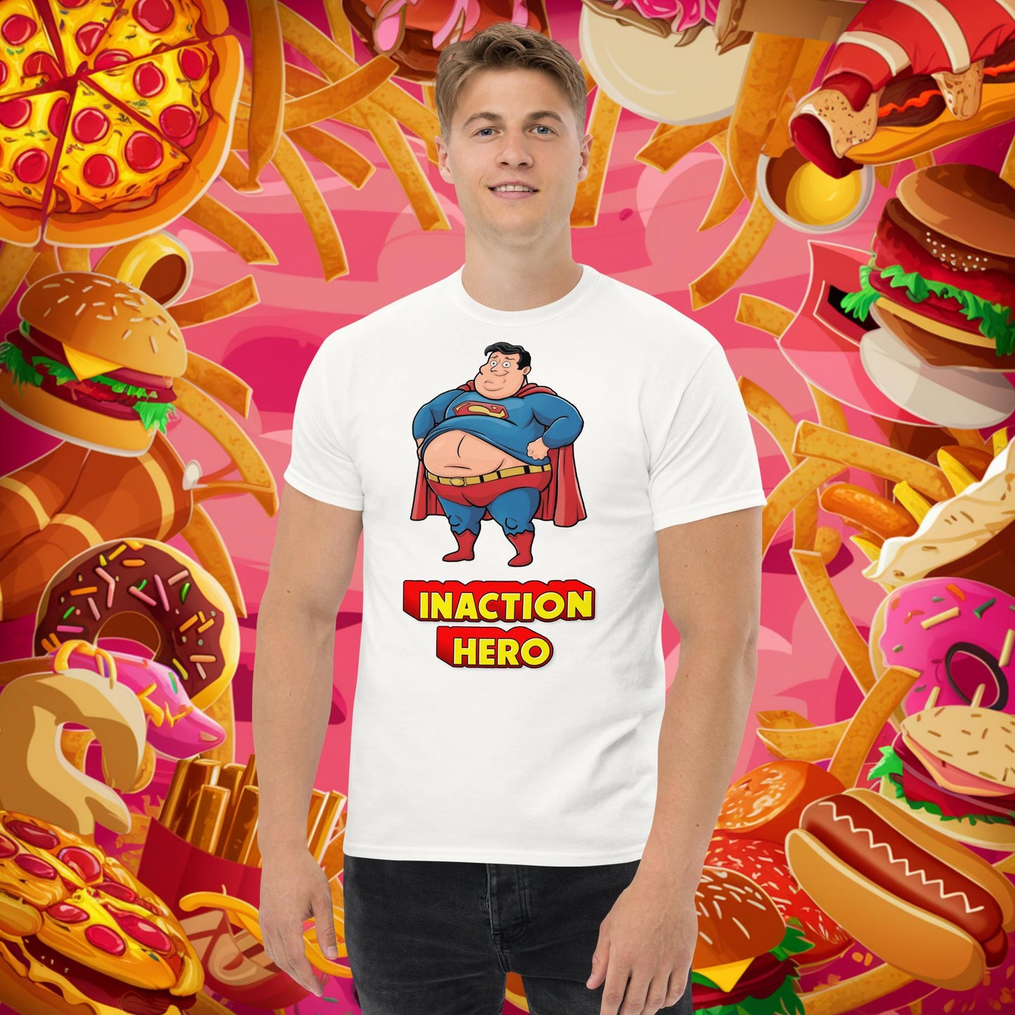 Inaction Hero Funny Fat Superhero Unisex tee Next Cult Brand