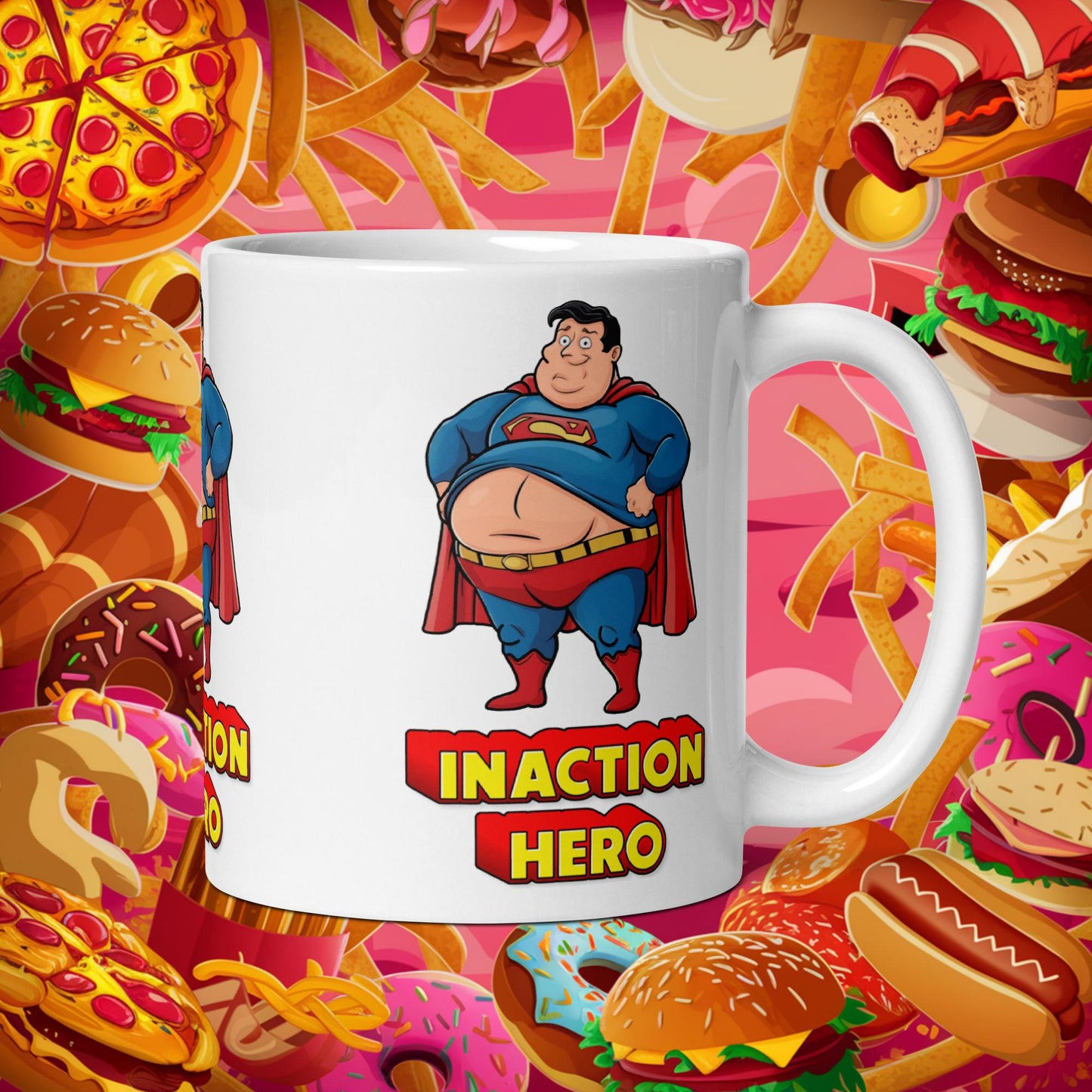 Inaction Hero Funny Fat Superhero White glossy mug Next Cult Brand