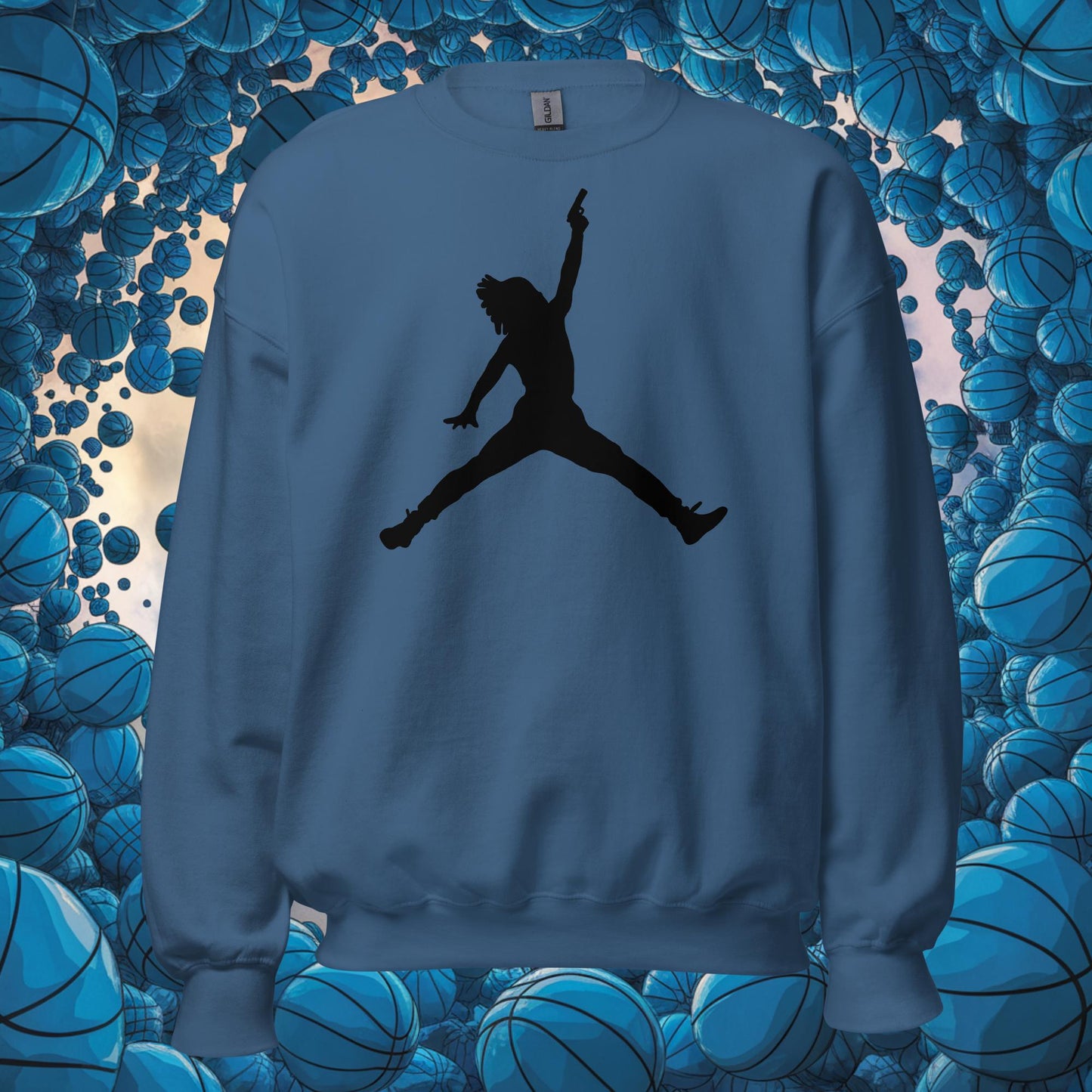 Ja Morant Funny Gun Meme Basketball NBA Memphis Grizzlies Unisex Sweatshirt Indigo Blue Sweatshirts Basketball Ja Morant Memphis Grizzlies NBA Next Cult Brand