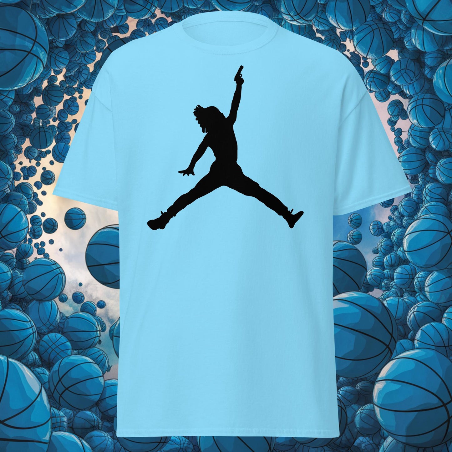 Ja Morant Funny Gun Meme Basketball NBA Memphis Grizzlies Unisex tee Sky T-shirts Basketball Ja Morant Memphis Grizzlies NBA Next Cult Brand