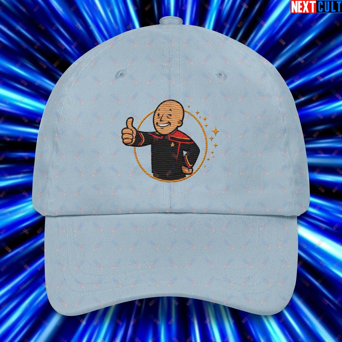 Jean-Luc Picard Star Trek Vault Boy Fallout Funny Cartoon Mashup Dad hat Light Blue Hats Star Trek TV Shows Next Cult Brand