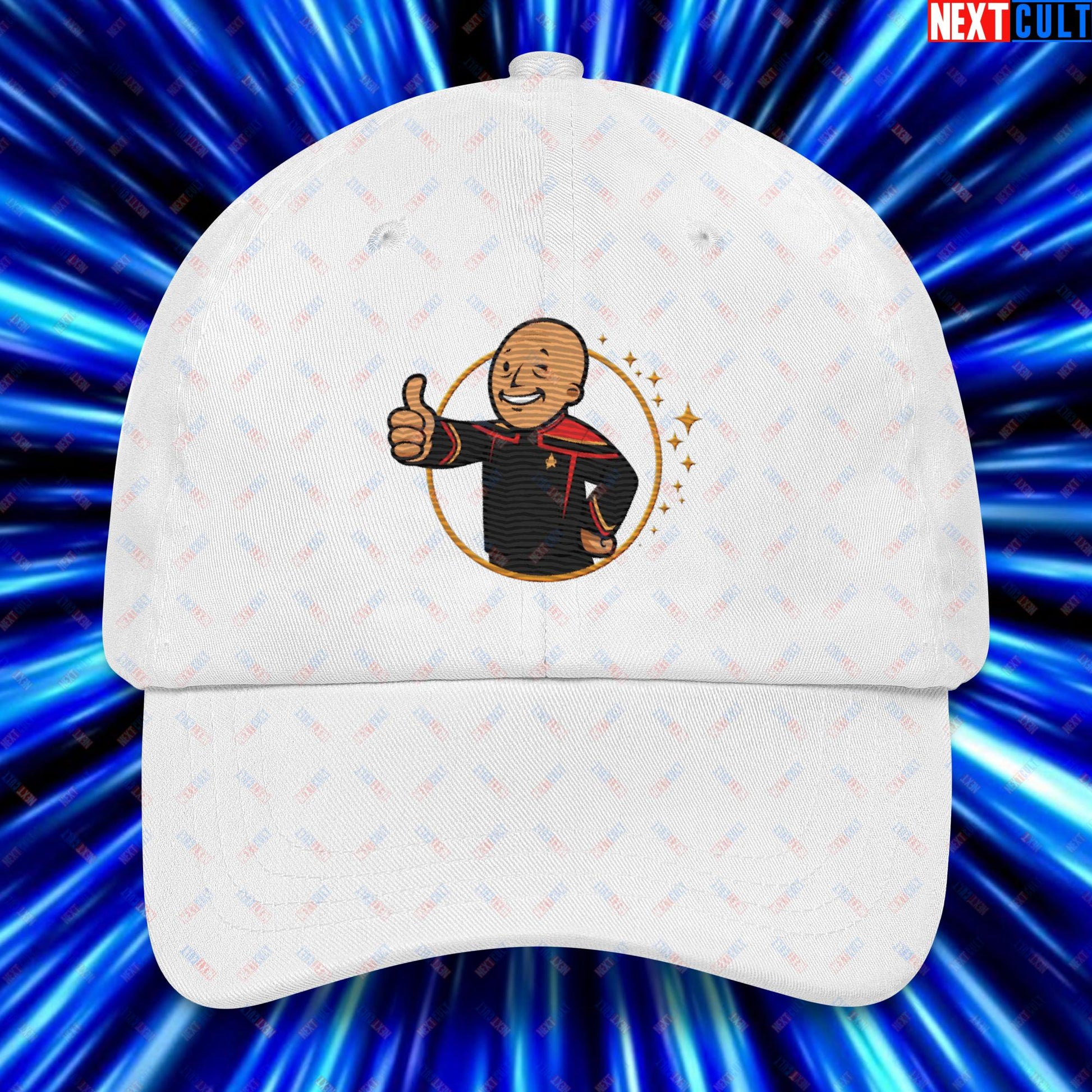 Jean-Luc Picard Star Trek Vault Boy Fallout Funny Cartoon Mashup Dad hat White Hats Star Trek TV Shows Next Cult Brand