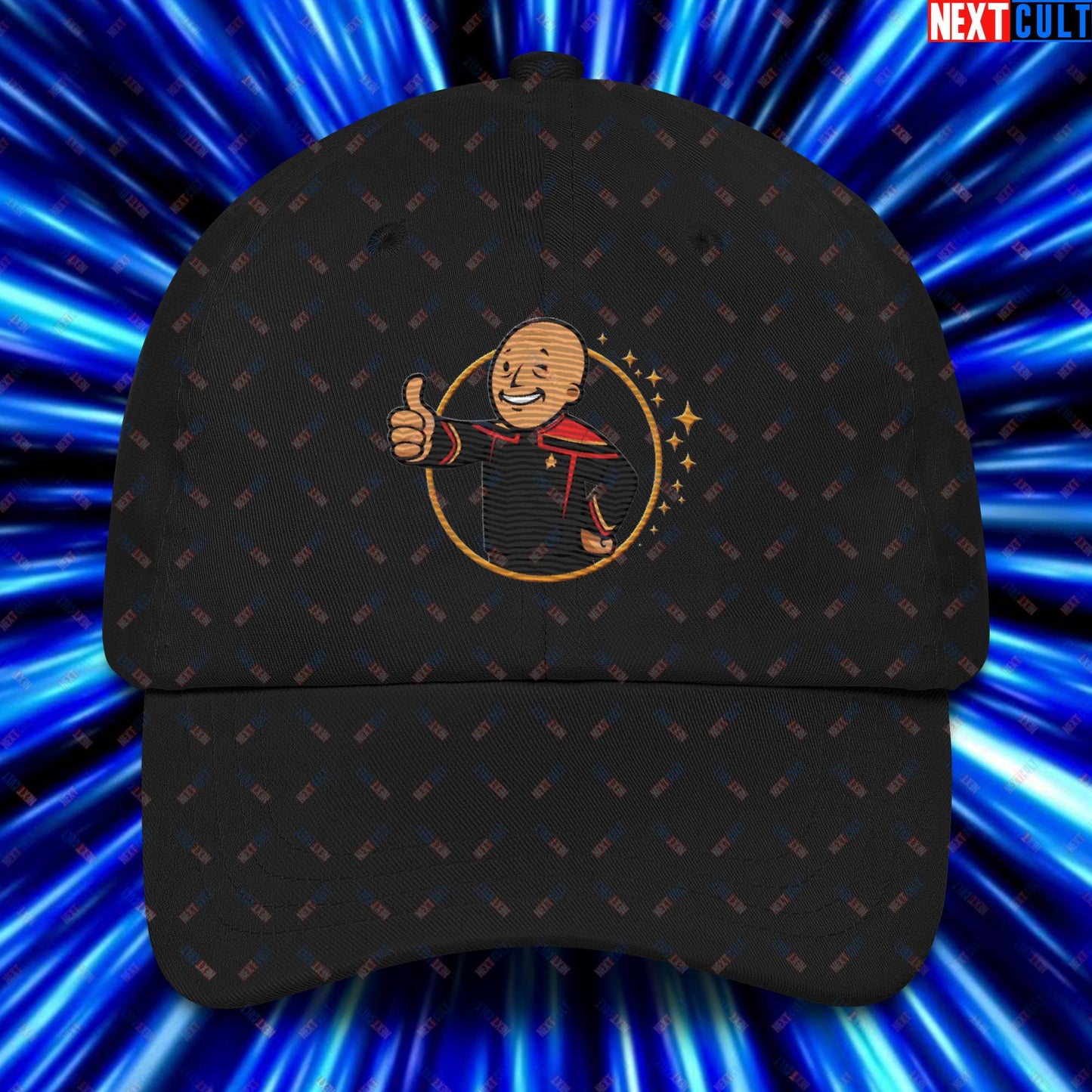 Jean-Luc Picard Star Trek Vault Boy Fallout Funny Cartoon Mashup Dad hat Black Hats Star Trek TV Shows Next Cult Brand