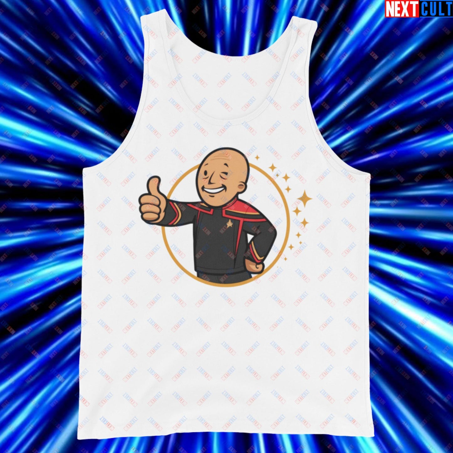 Jean-Luc Picard Star Trek Vault Boy Fallout Funny Cartoon Mashup Tank Top White Tank Tops Star Trek TV Shows Next Cult Brand