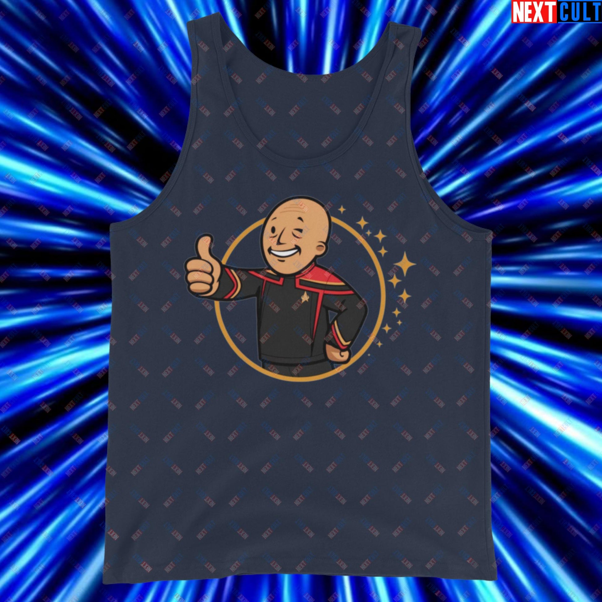 Jean-Luc Picard Star Trek Vault Boy Fallout Funny Cartoon Mashup Tank Top Navy Tank Tops Star Trek TV Shows Next Cult Brand