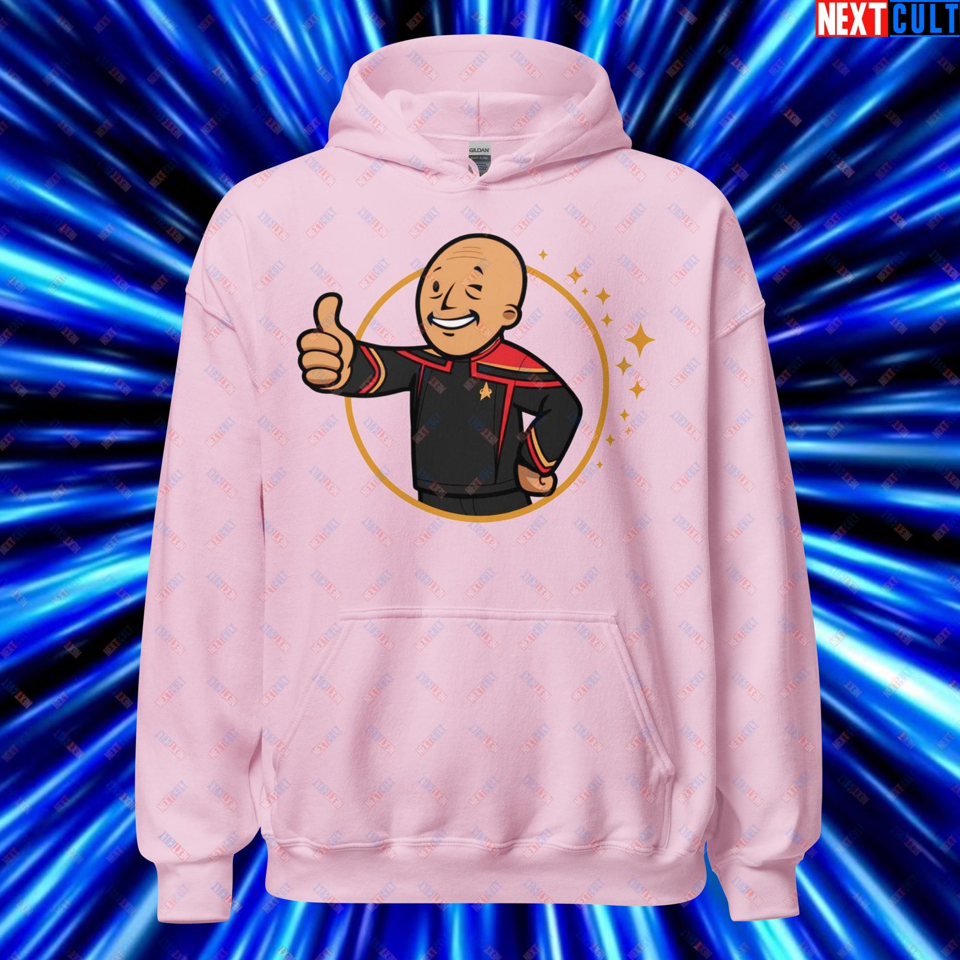 Jean-Luc Picard Star Trek Vault Boy Fallout Funny Cartoon Mashup Unisex Hoodie Light Pink Hoodies Star Trek TV Shows Next Cult Brand