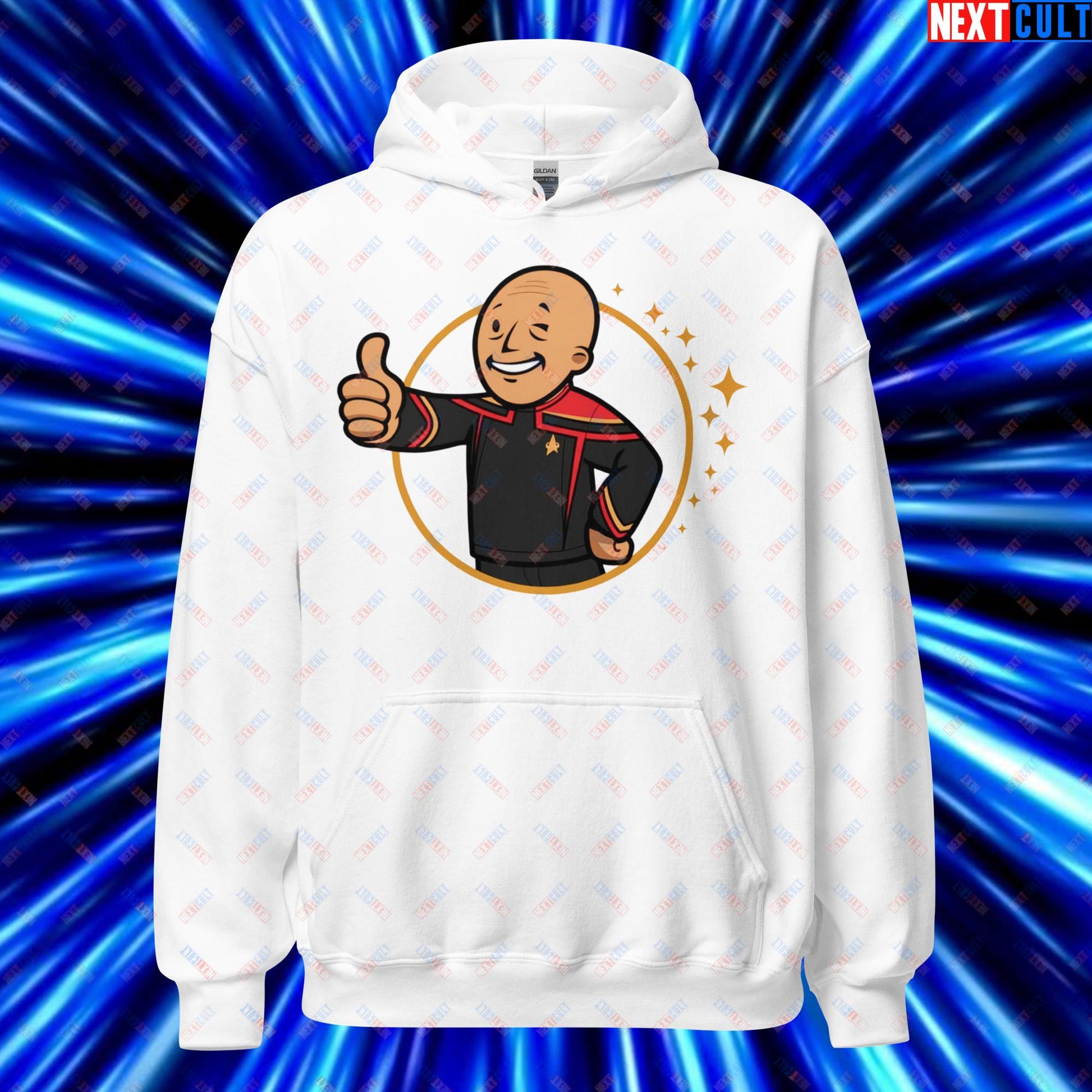 Jean-Luc Picard Star Trek Vault Boy Fallout Funny Cartoon Mashup Unisex Hoodie White Hoodies Star Trek TV Shows Next Cult Brand