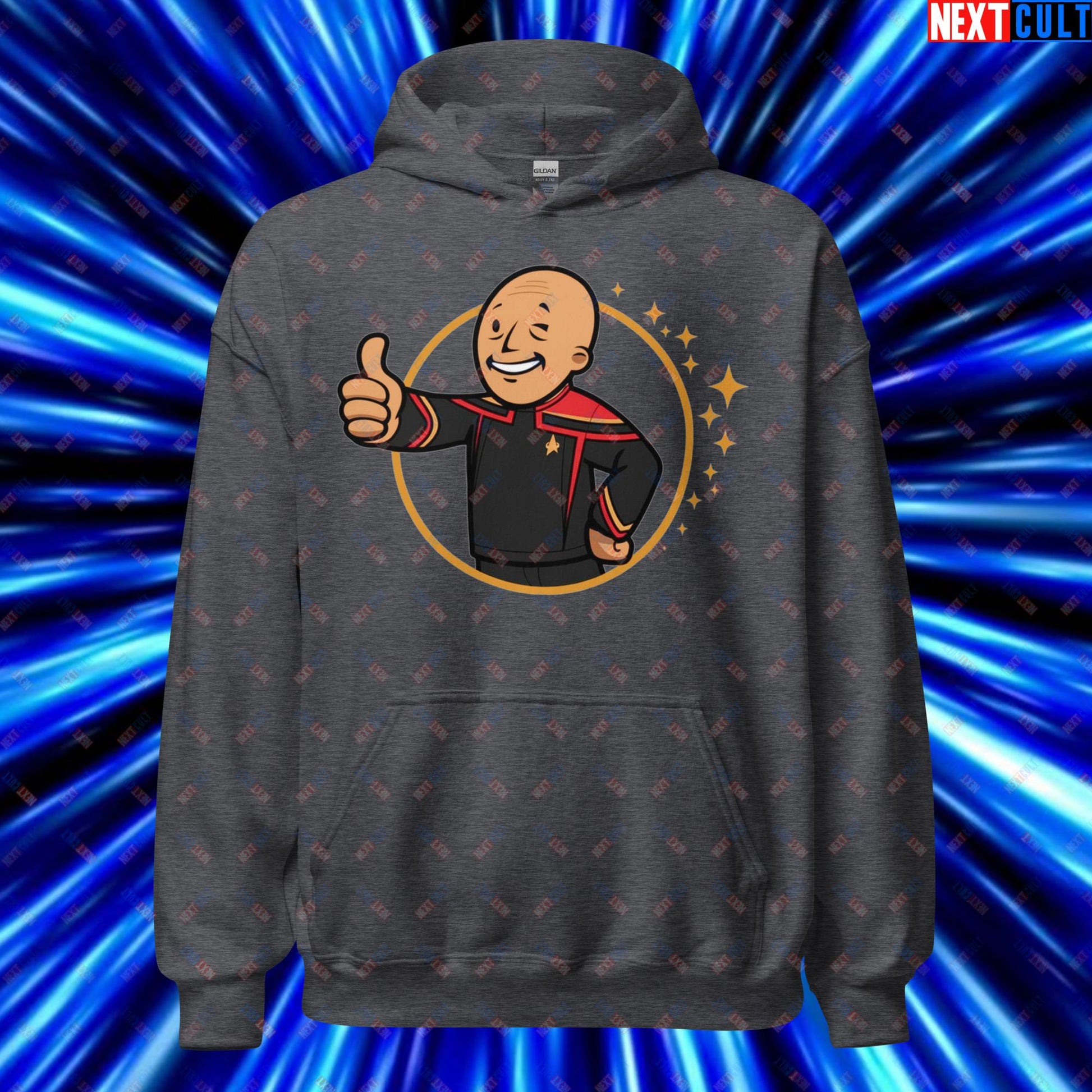 Jean-Luc Picard Star Trek Vault Boy Fallout Funny Cartoon Mashup Unisex Hoodie Dark Heather Hoodies Star Trek TV Shows Next Cult Brand