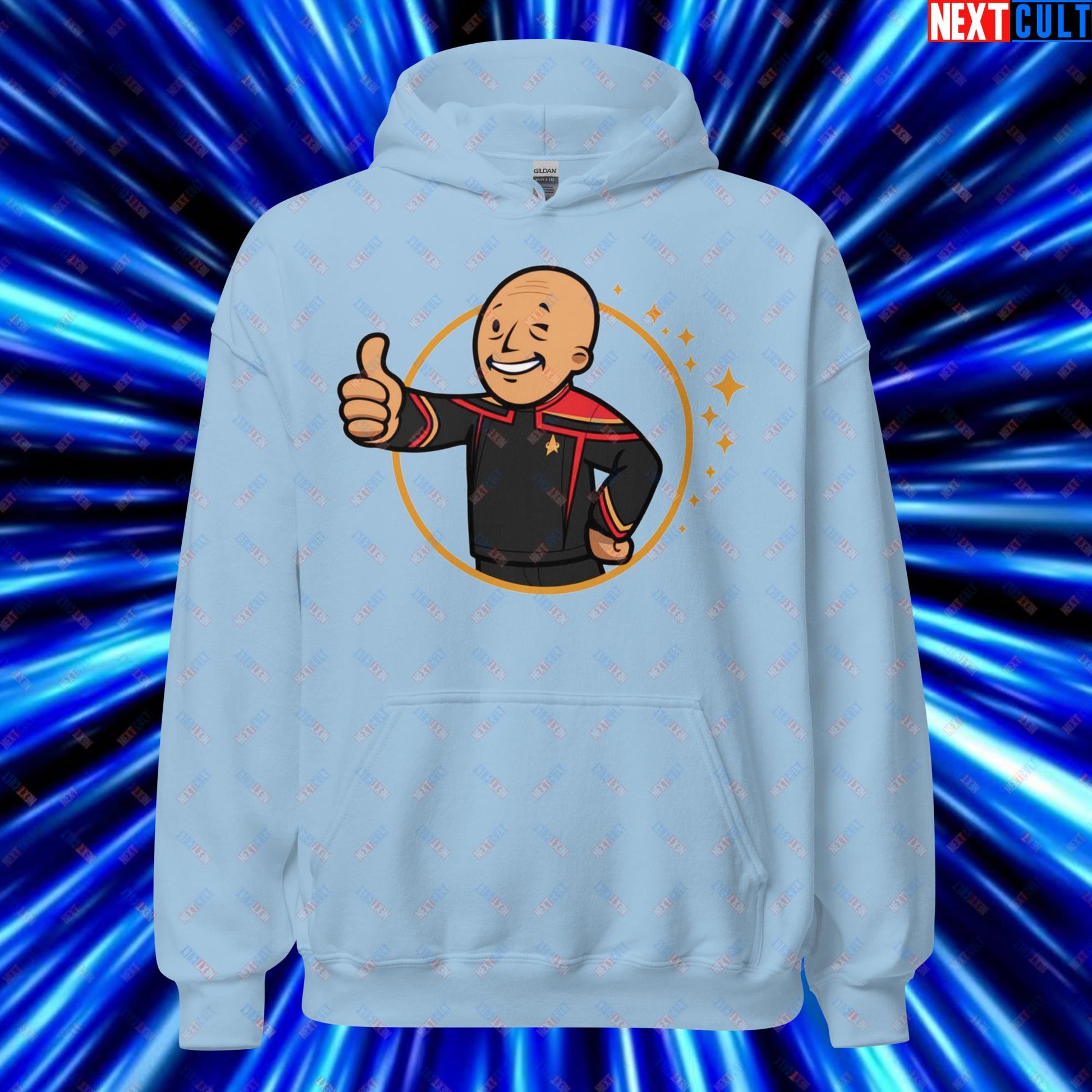 Jean-Luc Picard Star Trek Vault Boy Fallout Funny Cartoon Mashup Unisex Hoodie Light Blue Hoodies Star Trek TV Shows Next Cult Brand