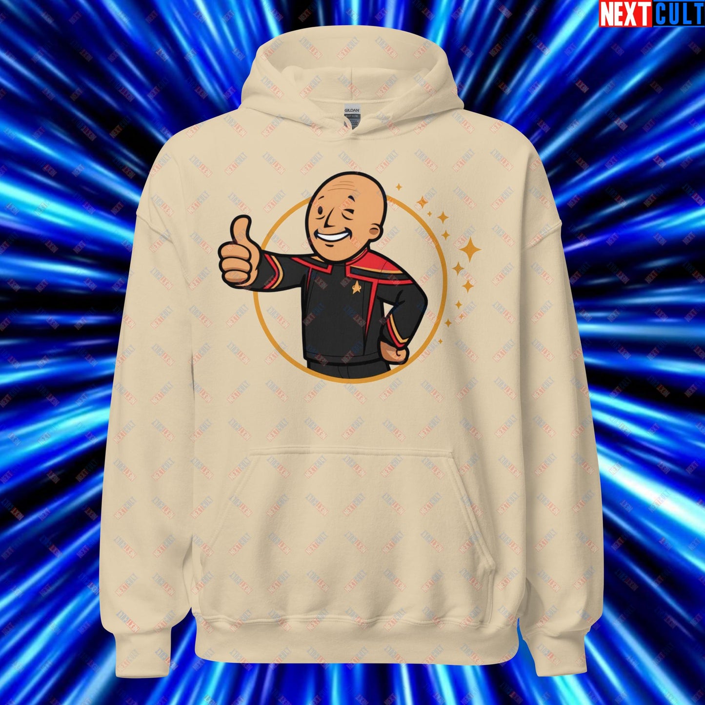 Jean-Luc Picard Star Trek Vault Boy Fallout Funny Cartoon Mashup Unisex Hoodie Sand Hoodies Star Trek TV Shows Next Cult Brand