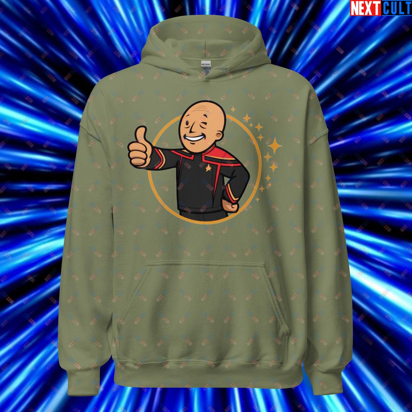 Jean-Luc Picard Star Trek Vault Boy Fallout Funny Cartoon Mashup Unisex Hoodie Military Green Hoodies Star Trek TV Shows Next Cult Brand