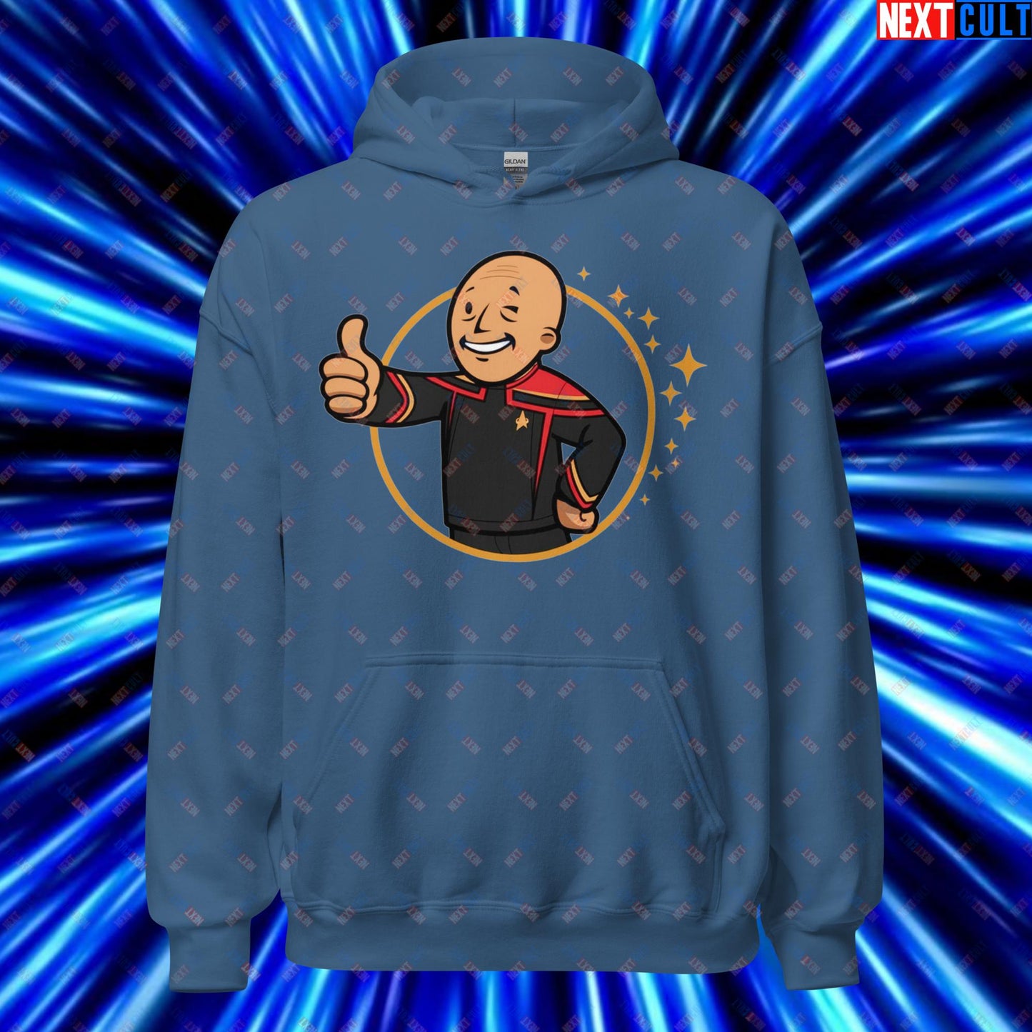 Jean-Luc Picard Star Trek Vault Boy Fallout Funny Cartoon Mashup Unisex Hoodie Indigo Blue Hoodies Star Trek TV Shows Next Cult Brand