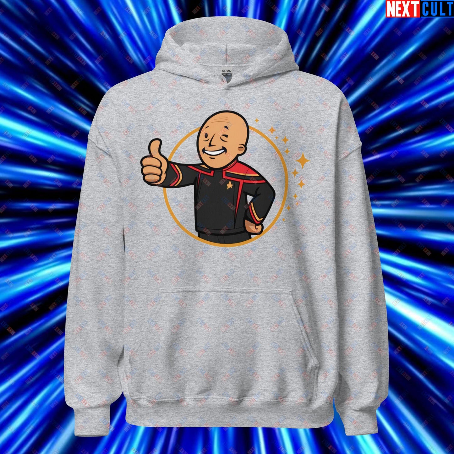 Jean-Luc Picard Star Trek Vault Boy Fallout Funny Cartoon Mashup Unisex Hoodie Sport Grey Hoodies Star Trek TV Shows Next Cult Brand